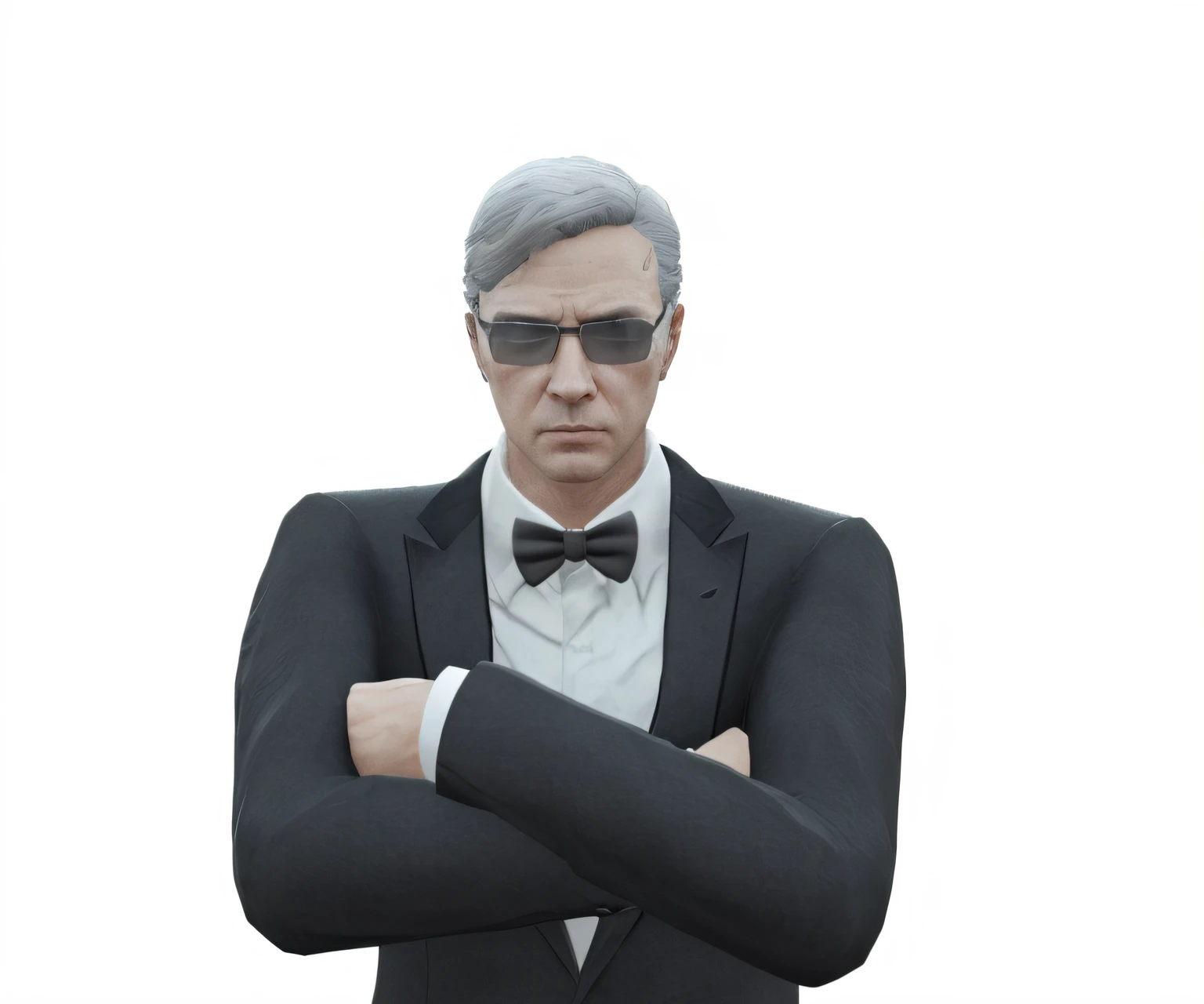 There's a man in a suit and sunglasses standing with his arms crossed, elegant cinematic pose, olhar :: octan render, doing an elegant pose over you, fazendo uma pose elegante, Maxwell render, como um personagem de gtav, homem de cabelos grisalhos escuros, in suit with black glasses, gta personagem, Personagem 3d realista, 8k portrait render, dramatic serious pose