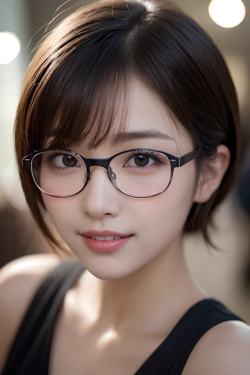 On the table,Highest quality, Realistically, Ultra-detailed, Detailed pubic hair, High resolution, Solid color background,8K Wallpaper, 1. Beautiful Women,,Wearing glasses,Light brown short hair, Completely naked, Lock focus, Perfect dynamic composition, Beautiful Eyes, Delicate hair, 细致Realistically的皮肤纹理, smile, Full Body Shot, Model body type