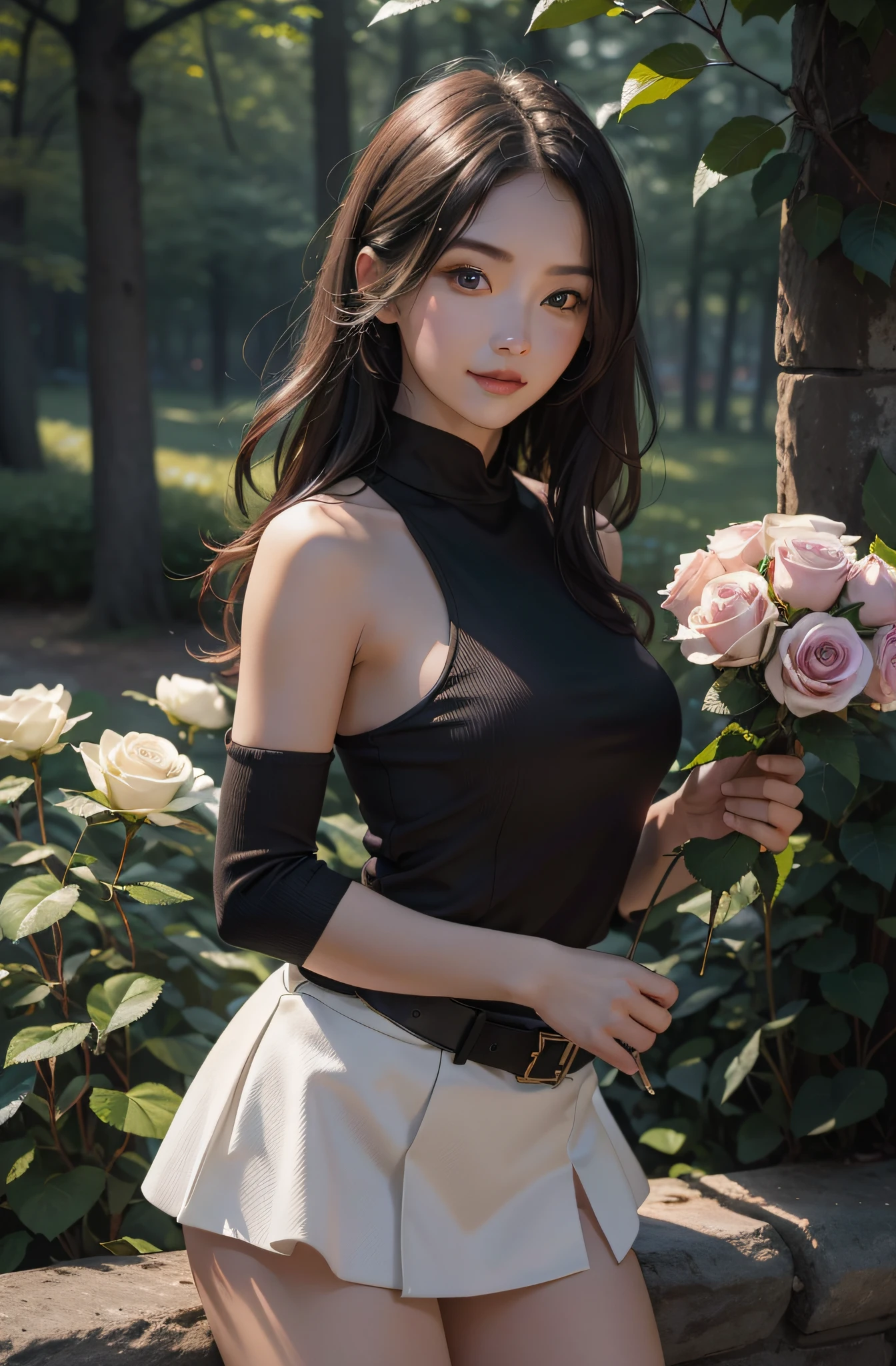 best qualtiy,tmasterpiece,超A high resolution,(真实感:1.4),RAW photogr,1girll,cropped shoulders,in the darkness nigth,deep shading,low tune,cold light,Square face with charming eyes,A sweet smile,((Wearing a SWAT uniform:1.8)),parks,lakes,the woods,((Rose flower:1.5,)),A high resolution