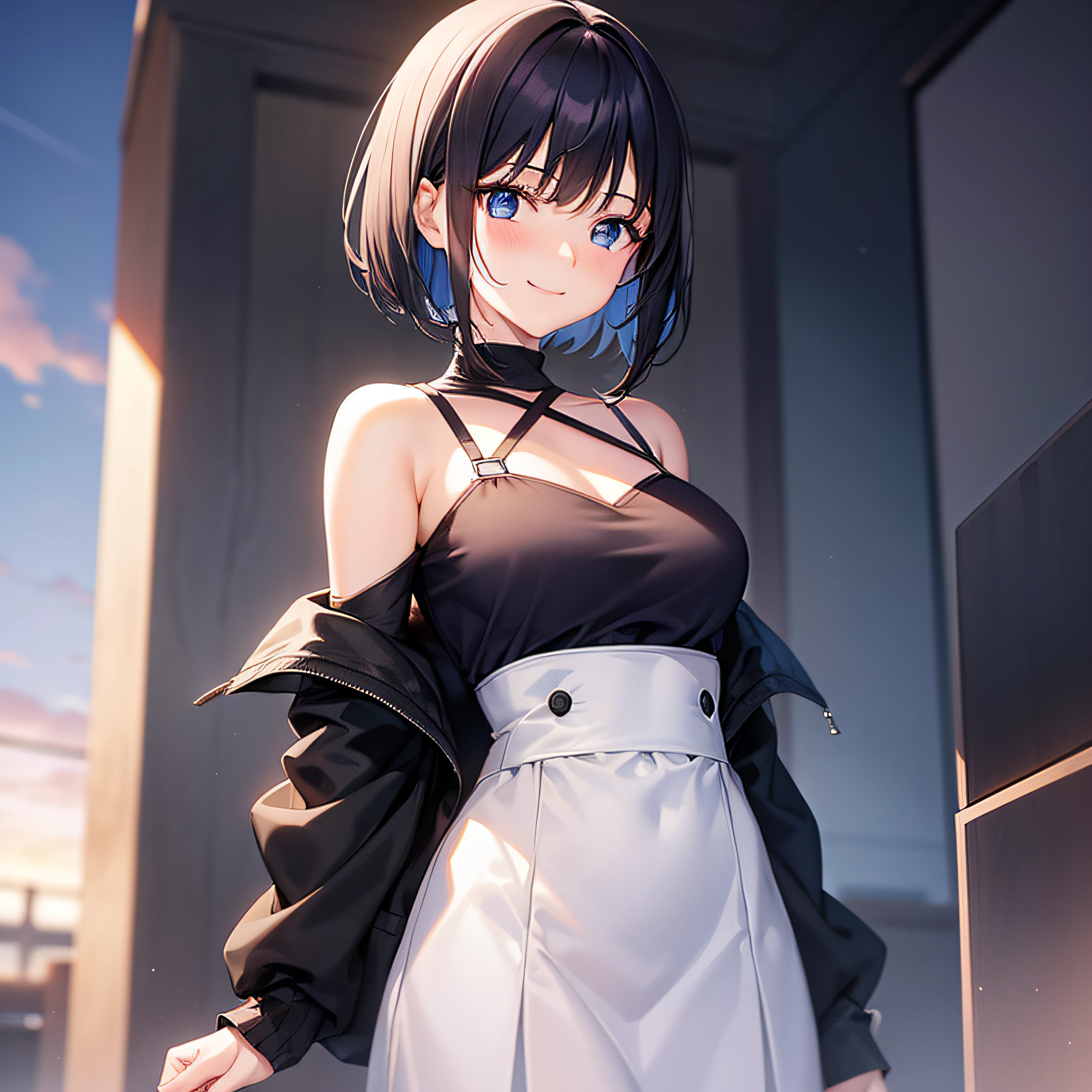 {1girl in,Shorthair, A dark-haired, blue eyess, rcasual}, {Smiling, A smile, Red face, date}, concept-art, beautiful anime scene, Beautiful anime scenery, top-quality, masterpiece
