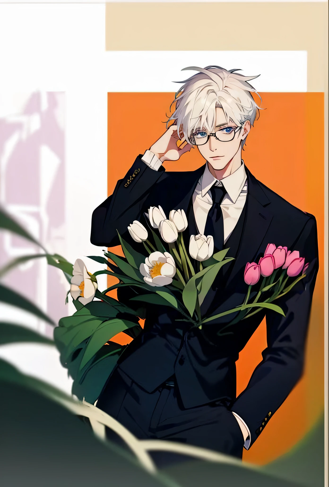 Anime man in suit wearing glasses holding a bouquet of flowers, Tall anime guy with blue eyes, white haired Cangcang, With flowers, White-haired, male anime character, as an anime character, Delicate androgynous prince, With glasses, Handsome anime pose, Male anime style, Anime handsome man, high quality portrait, Beautiful androgynous prince, young anime man