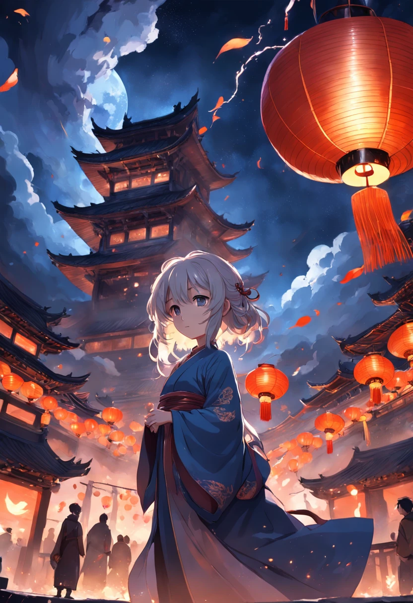 New Year，Chinese-style town，nigh sky，A Buddha statue in the center，Decorations，Chinese lanterns are hung，No Man