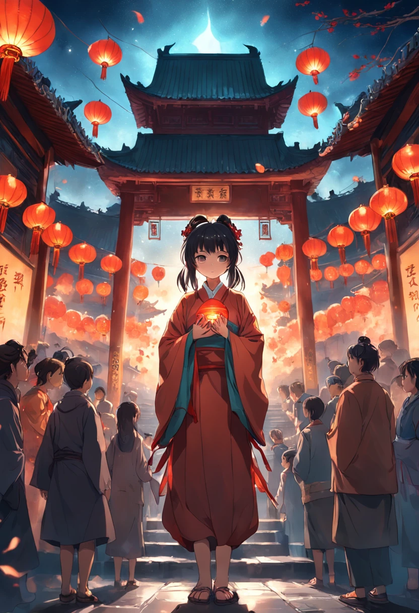 New Year，Chinese-style town，nigh sky，A Buddha statue in the center，Decorations，Chinese lanterns are hung，No Man