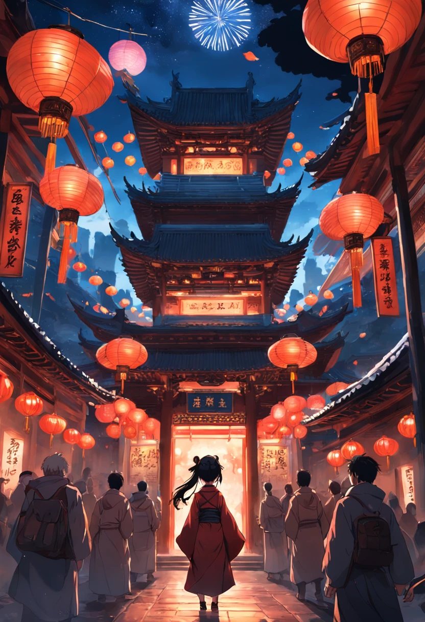 New Year,Chinese-style town,nigh sky,A Buddha statue in the center,Decorations,Chinese lanterns are hung,No Man