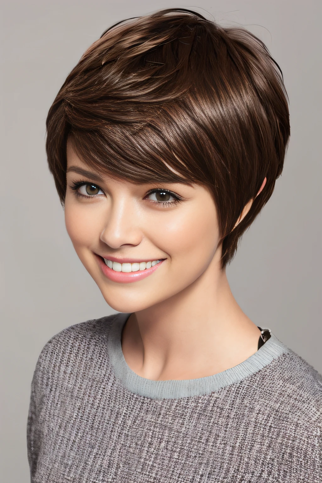 a pixie cut a smile Brown hair