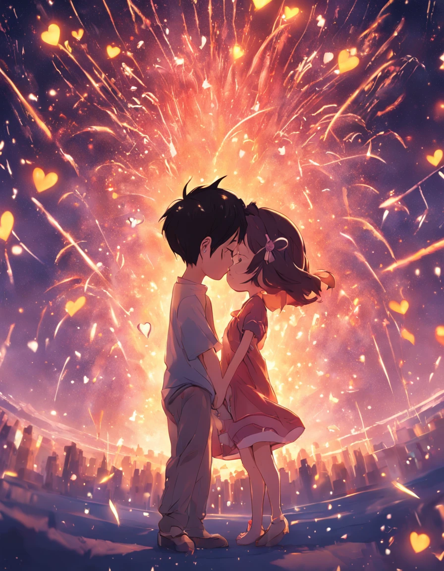 the night，Colorful，Fireworks all over the sky，Heart-shaped bubbles，Child couples，Cartoony，Chubby little girl and little boy hugging each other，Glowing fireflies around，，Cute and cute，KIDS ILLUSTRATION，Glow effects，Dingdall effect，depth of fields，high light，Real light，Ray traching，oc rendered，Hyper-realistic，best qualtiy，8K，Works of masters，super-fine，Detailed pubic hair，Correct anatomy，sharp focus on eyes，Bokeh，Facial features are carefully depicted