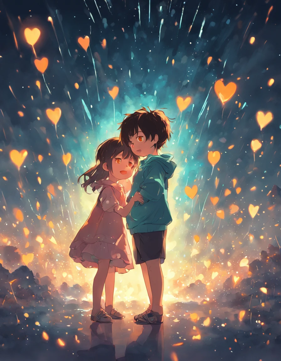 the night,Colorful,Fireworks all over the sky,Heart-shaped bubbles, couples,Cartoony,Chubby littl and little boy g each other,Glowing fireflies around,,Cute and cute,KIDS ILLUSTRATION,Glow effects,Dingdall effect,depth of fields,high light,Real light,Ray traching,oc rendered,Hyper-realistic,best qualtiy,8K,Works of masters,super-fine,Detailed pubic hair,Correct anatomy,sharp focus on eyes,Bokeh,Facial features are carefully depicted