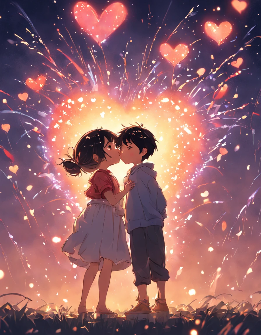 the night,Colorful,Fireworks all over the sky,Heart-shaped bubbles,Child couples,Cartoony,Chubby little girl and little boy hugging each other,Glowing fireflies around,,Cute and cute,KIDS ILLUSTRATION,Glow effects,Dingdall effect,depth of fields,high light,Real light,Ray traching,oc rendered,Hyper-realistic,best qualtiy,8K,Works of masters,super-fine,Detailed pubic hair,Correct anatomy,sharp focus on eyes,Bokeh,Facial features are carefully depicted