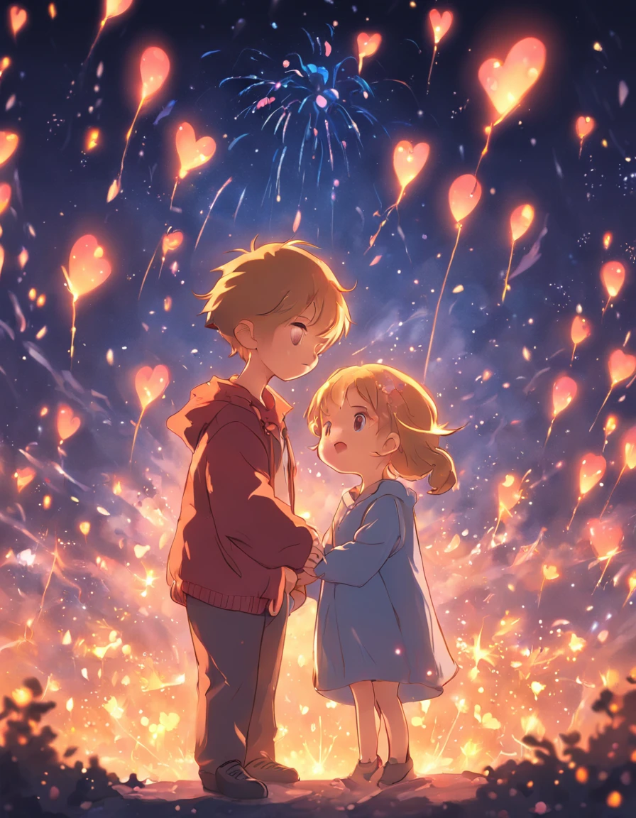 the night,Colorful,Fireworks all over the sky,Heart-shaped bubbles,Child couples,Cartoony,Chubby and little boy ch other,Glowing fireflies around,,Cute and cute,KIDS ILLUSTRATION,Glow effects,Dingdall effect,depth of fields,high light,Real light,Ray traching,oc rendered,Hyper-realistic,best qualtiy,8K,Works of masters,super-fine,Detailed pubic hair,Correct anatomy,sharp focus on eyes,Bokeh,Facial features are carefully depicted
