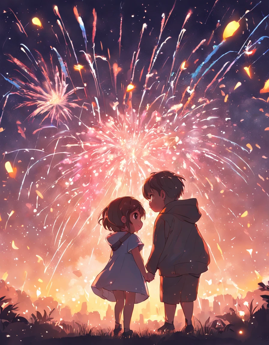 the night,Colorful,Fireworks all over the sky,Heart-shaped bubbles, couples,Cartoony,Chubby littl and little boy g each other,Glowing fireflies around,,Cute and cute,KIDS ILLUSTRATION,Glow effects,Dingdall effect,depth of fields,high light,Real light,Ray traching,oc rendered,Hyper-realistic,best qualtiy,8K,Works of masters,super-fine,Detailed pubic hair,Correct anatomy,sharp focus on eyes,Bokeh,Facial features are carefully depicted