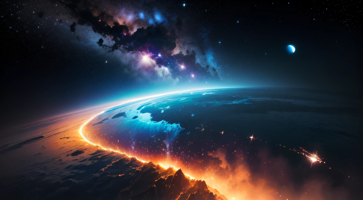 Nesta imagem, We are teleported to an interstellar scene, A majestic planet shone brightly in deep space. The planet is deep blue, White clouds and spirals swirl around you, creating a mesmerizing effect.
In the dark sky, The once majestic Moon floats next to the planets, But now it's in ruins. tart, Now break down into pieces, It turned into a string of glowing debris and space dust, Form a dramatic arc around the earth. The wreckage stretches like a trail of destruction winding through space.
The fragments of the moon present a bright and bright color spectacle, Due to the release of gases and minerals that once formed the core of the satellite. These are strong, The ethereal colors contrast with the blue of the earth, Highlight the tragedy of the moon explosion.
Despite the destruction, The scene is still surprisingly beautiful, As if destruction itself created a new form of cosmic art。. Bright particles reflect light from neighboring stars, Gives the impression of a celestial pyrotechnic spectacle,In honor of the lost moon.
When the earth and debris shine brightly, The dark and mysterious space in the background is dotted with twinkling stars, Like a distant diamond in the vast universe ether. A combination of intense brightness, Vivid colors and stellar darkness create stark contrasts and a deep sense of melancholy.
The images evoke reflections on the passage of time, The fragility of the universe and the ephemeral beauty that can arise even in destruction. It invites us to contemplate the grandeur of the universe,Appreciate every fleeting subtle beauty。, At the same time, appreciate the size and vastness of the universe we live in.