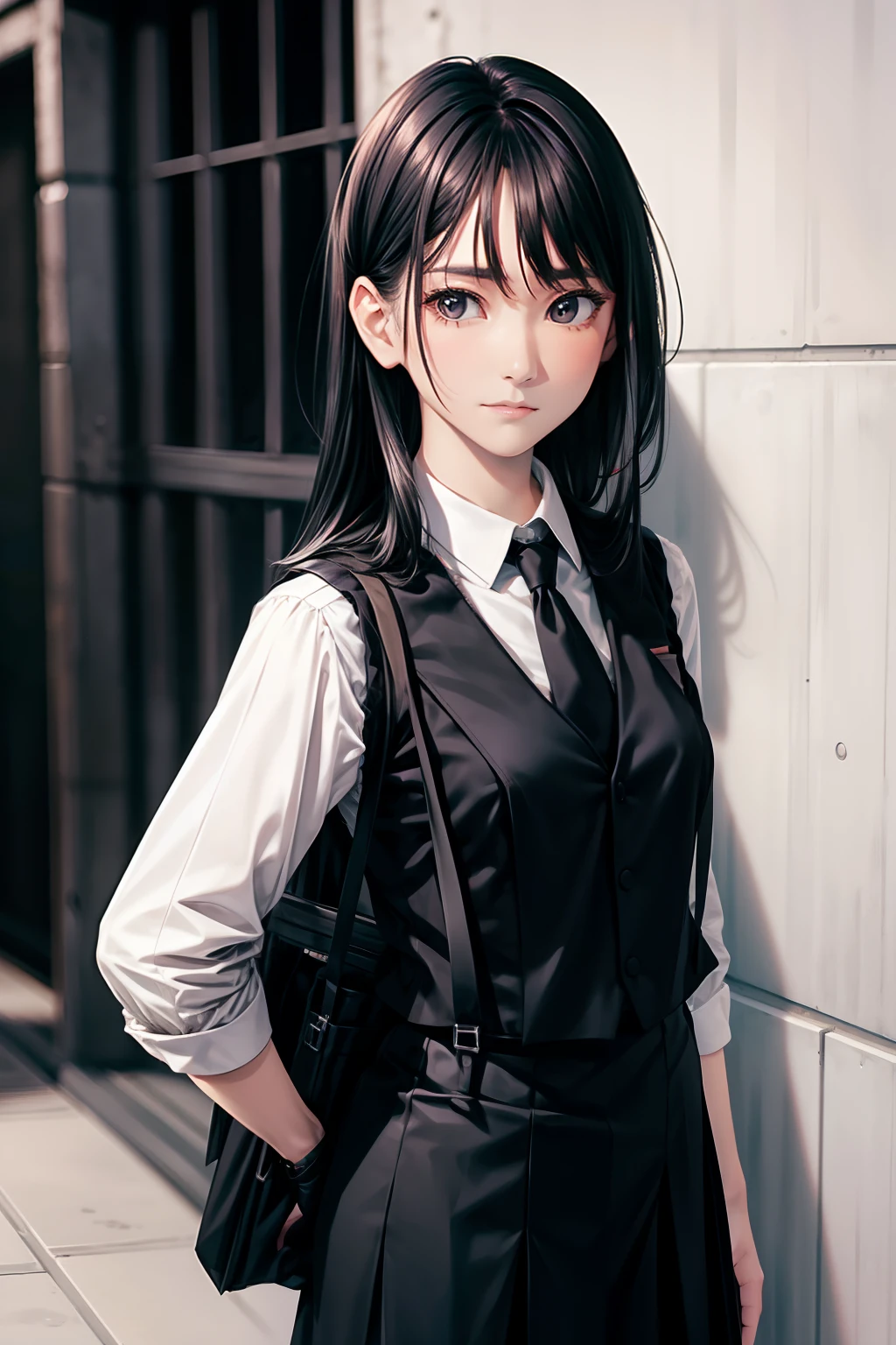 a black skirt, Neck tie, vests　Suspenders, Long black hair, Gray eyes, Holster, leg-garter, , moderate breast, Pichi Pichi clothes, Both sides　deadpan　Behind