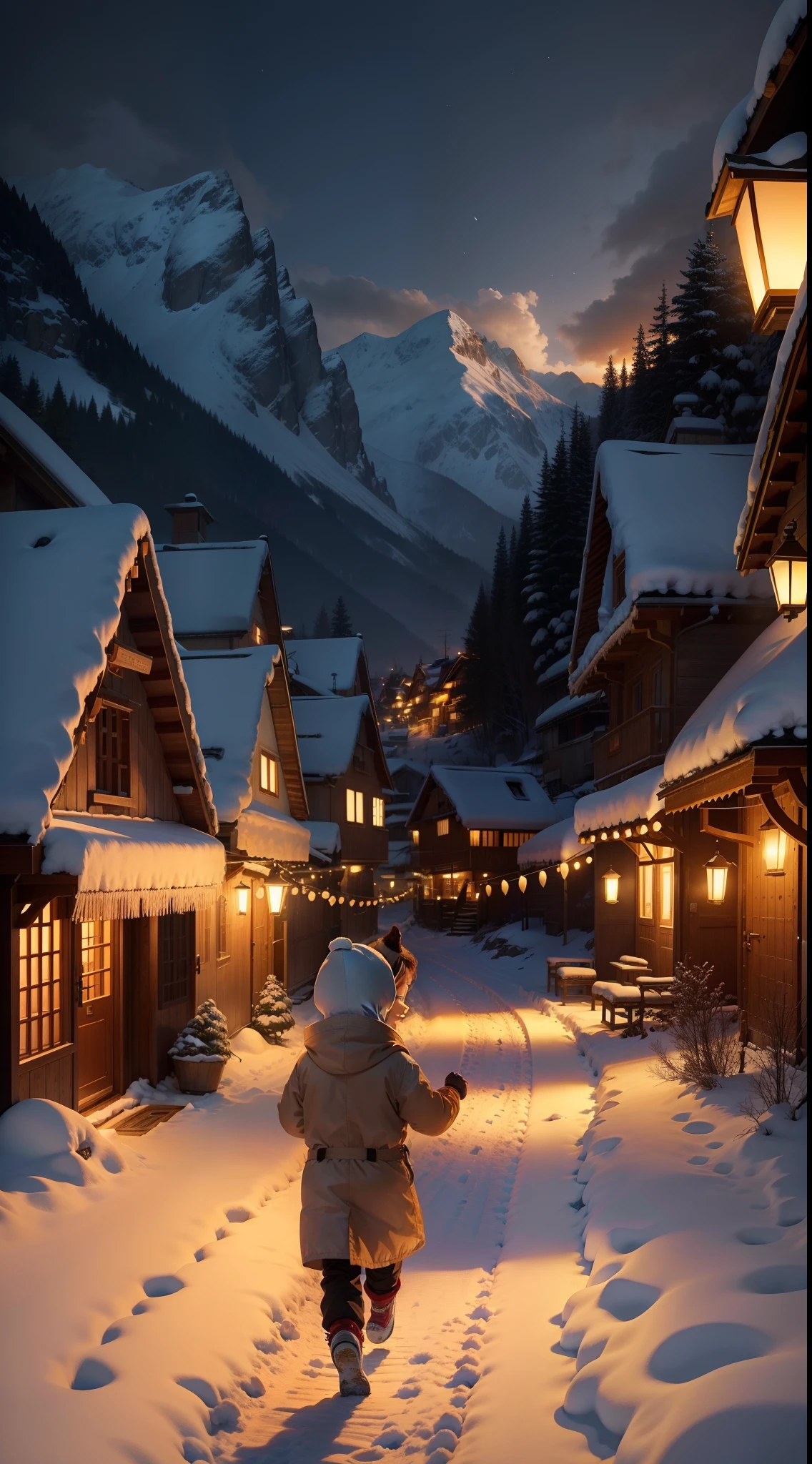 At night, the sky was covered with light snow, Small village surrounded by mountains, Every house is lit up, Lanterns hang outside, There is a path in the middle of the village, There are also two children running on the road with lanterns, A happy smile on his face, l Anime