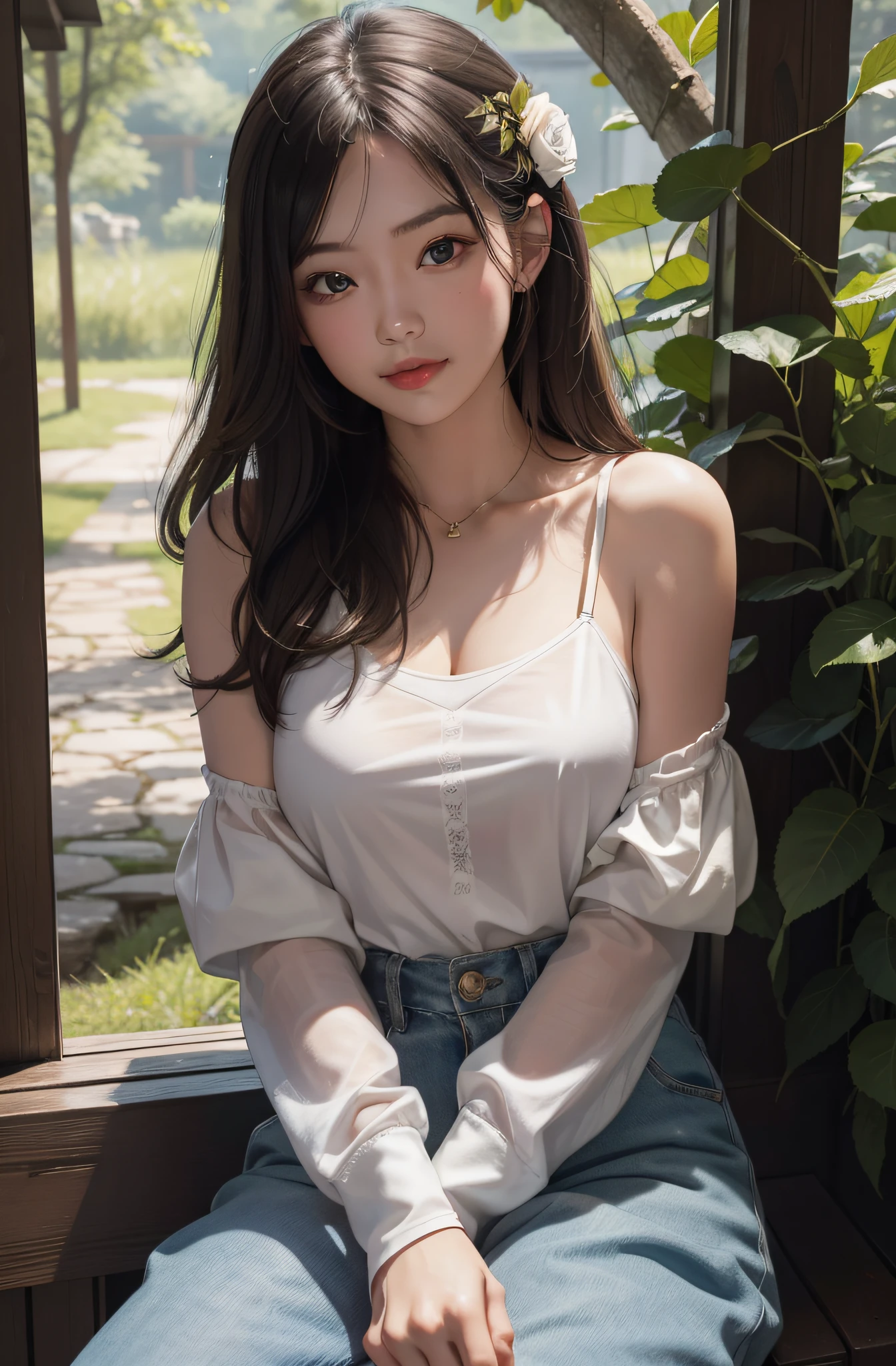 ((full bodyesbian)), ((Front Shooting)), ((actual)), ((from below)), 1个Giant Breast Girl, Posing for photos, Inside the room, Sit Pose, sitting in the couch, pretty legs, Lean your upper body slightly forward, looking at viewert, detailed scene, curlies, Air bangs, beautiful hair ornaments, Brownish-yellow hair, ((White off-shoulder one-shoulder shirt, black short skirt)), (Campus style), warmly lit, Warm color palette, detailed detail, ultra - detailed, (tmasterpiece, Best quality), (An extremely delicate and beautiful work), elaborate earrings, delicatenecklace, simple blurr background, Extremely detailed description, Ultra-fine painting, s delicate face, slim toned body, (ssmile, teeth showing), (Anatomical correct)