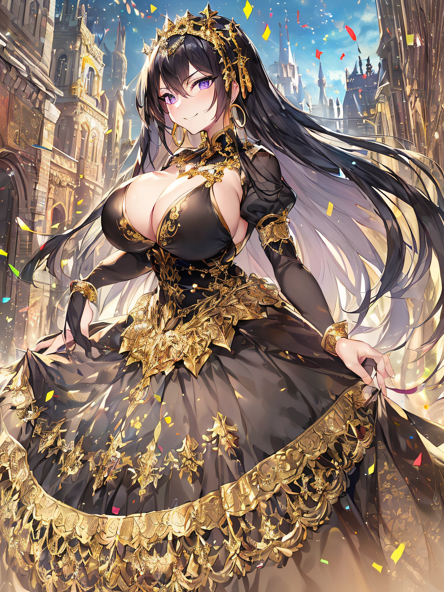 ((anime artstyle)),(Masterpiece),(Best Quality), (Super Detail),((Very Delicate and Beautiful)),(((Solo))),((full body portrait)),((1 arrogant queen in gorgeous black and gold rococo princess ballgown with voluminous full length hoop skirt),((crinoline)),gold trim,Long train,(dominant pose,dominant facial expression),(arrogant,haughty),((arrogant smile,haughty smile)),Sharp eyes,((standing in the square of the castle town,festival,confetti,sunlight)),((outdoor)),medieval main street,gorgeous gemstone jewelry,detailed face and eyes,jewel-like eyes,Purple eyes,(Bangs between eyes),((large amount of straight hair,extremely Long voluminous black Hair)),((gigantic tits,Long tits)),gorgeousfull embroidery,cleavage,extremely gorgeousfull hair ornament,(bling-bling extremely gorgeousfull jeweled tiara),gorgeous corsage,(Dynamic Angle),Looking at viewer,confetti flowing,(((gorgeous black and gold rococo princess ballgown with voluminous full length hoop skirt)))