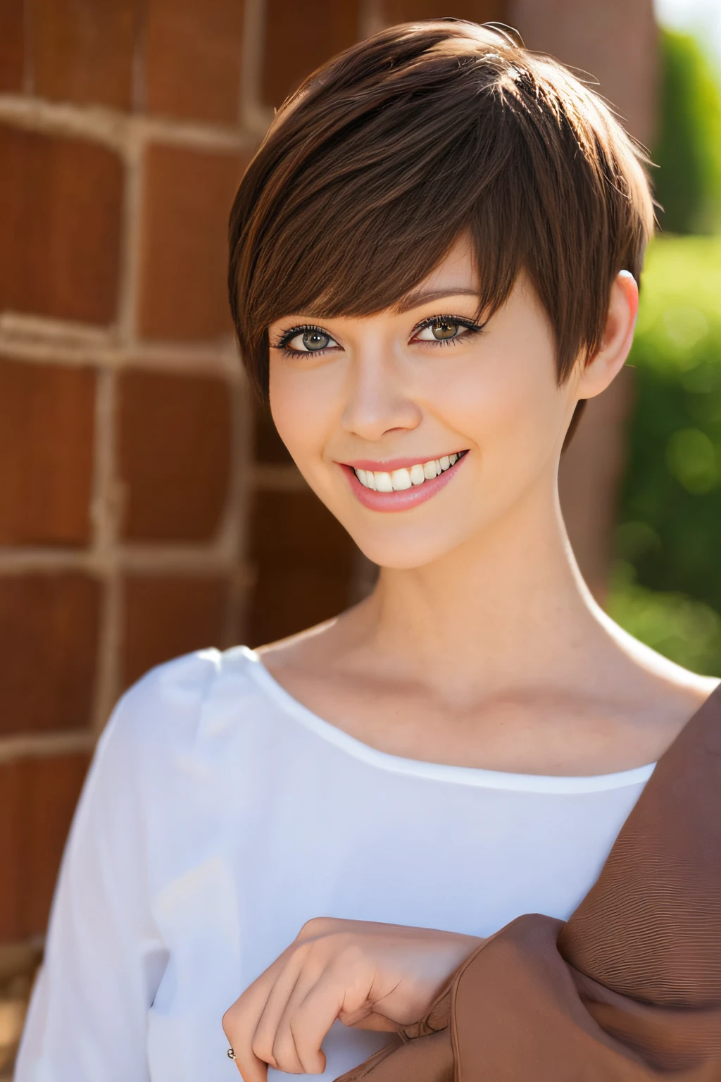 a pixie cut　A smile　Brown hair