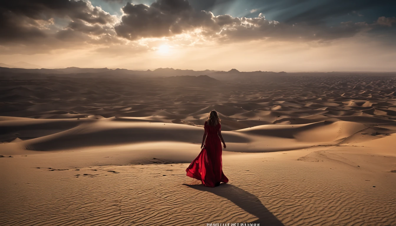 the setting sun,A desert,rays of sunshine,Clouds,Contre-Jour,Beautiful girl in long dress,8K high-definition,RAW format,The light and shadow are delicate,detail-rich,。