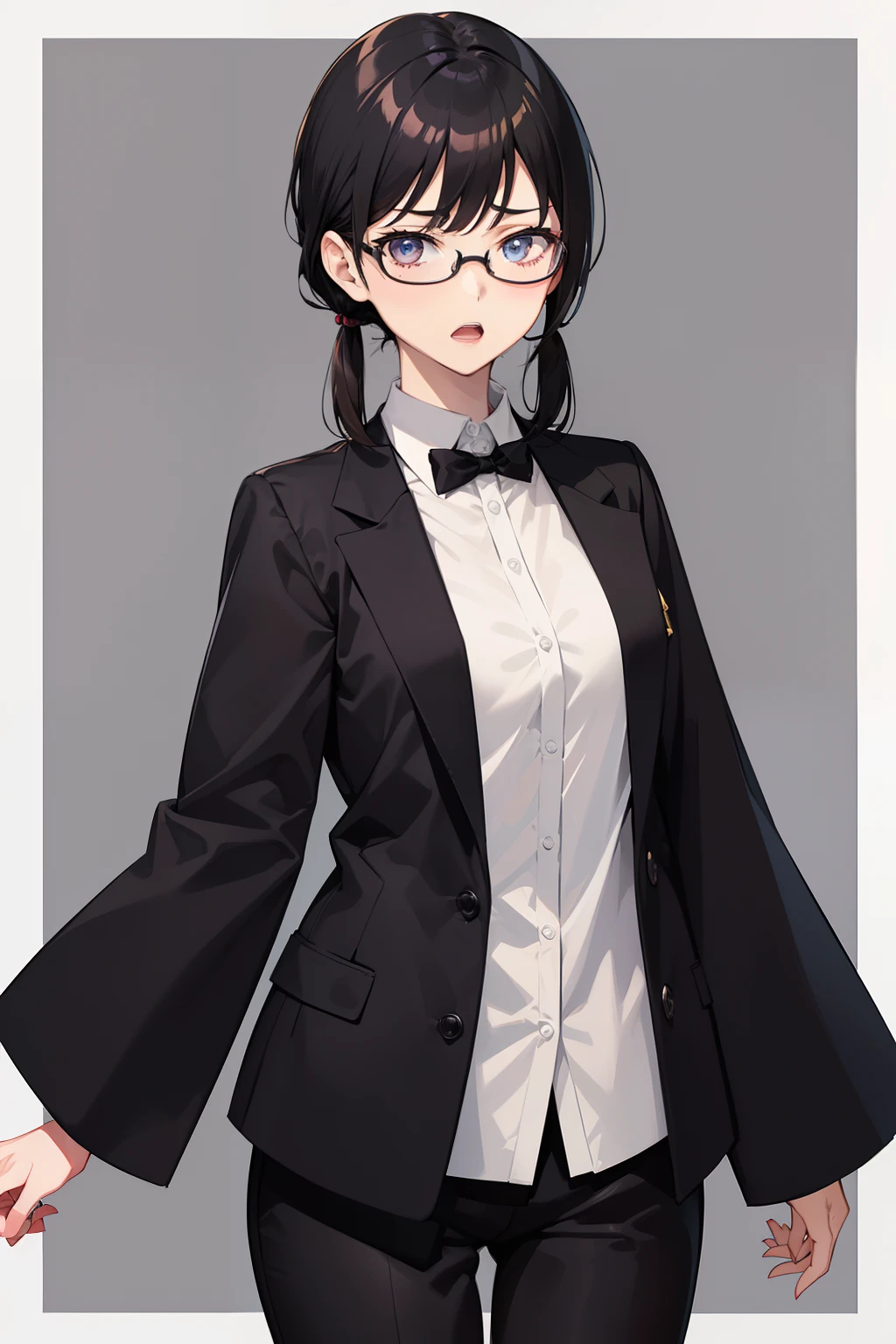 (Manga style,fulcolor),(female pervert,Narrow-rimmed glasses、Career Woman),(verd s eyes,sharp eye、Glaring eyes),(Dark hair,short、poneyTail、Allback hairstyle),(A slender,short stature),(irritated expression、Wide open mouth)