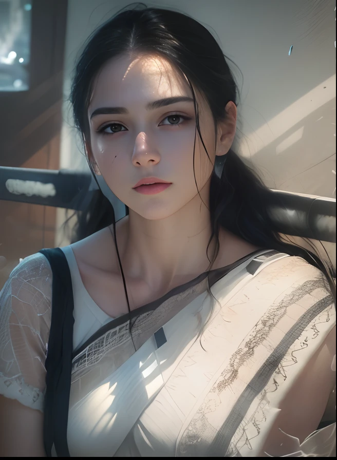 Random posture, mix4,(8k, RAW photo, best quality, masterpiece:1.2), (realistic, photo-realistic:1.37),1girl,cute,cityscape, night, rain, wet, professional lighting, photon mapping, radiosity, physically-based rendering,, gradient black colour hair,, White hair, short curly hair, handsome, girl, white ball suit, top quality picture, high resolution, 1080p, (clear face), (detailed facial description), (detailed hand description), (masterpiece), (exquisite CG), extreme light and shadow, messy hair, master's work, rich details, (fine facial features), (highest quality picture), (masterpiece), (detailed eyes),Look ahead with your eyes,Fine collarbone