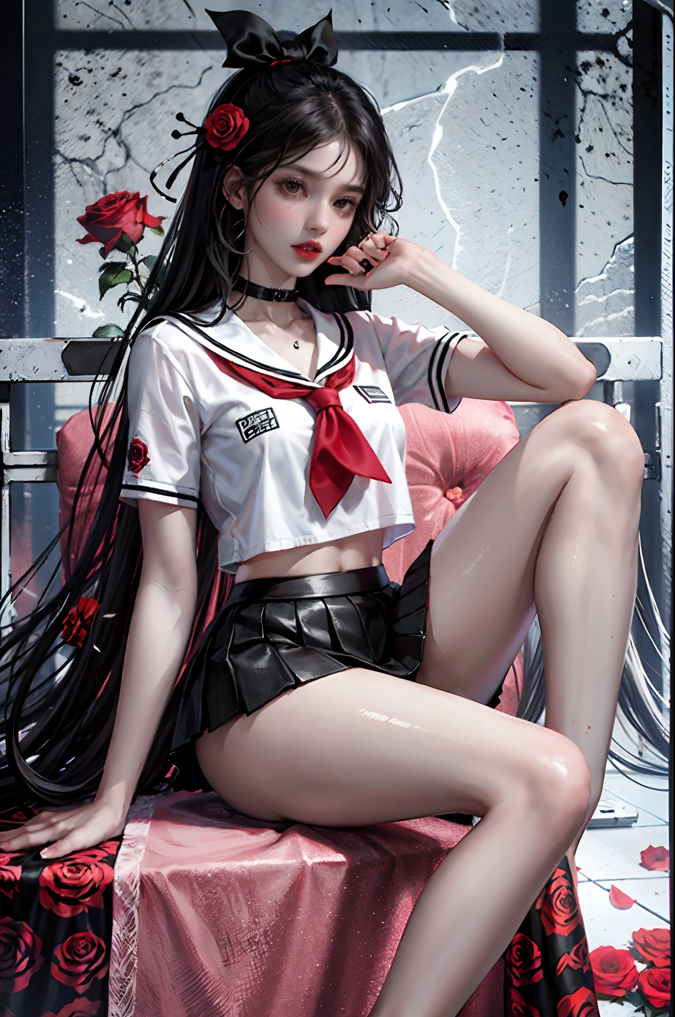 camellia, flower, red_flower, red_rose, rose, katana, 1girl, pink_rose, pink_flower, spider_lily, shoes, long_hair, school_uniform, serafuku, ??????, skirt, solo, sheathed, vase, looking_at_viewer, sitting, orange_flower, pleated_skirt, rose_petals, black_shirt, black_legwear, black_skirt, hibiscus, very_long_hair, parted_lips, loafers, sailor_collar, black_hair, neckerchief