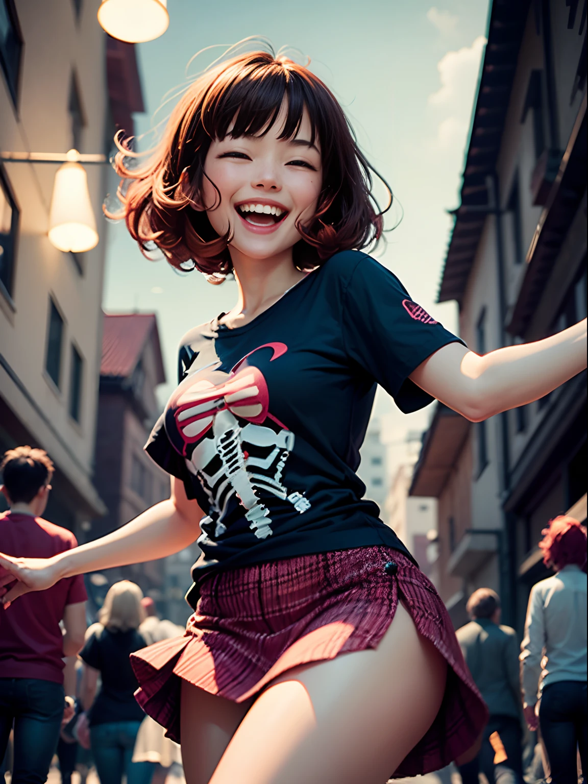 1girl in(((Laughing)))、Reaching the climax:1.3, short-cut、masutepiece、Bottoms are randomly generated、( Skeleton illustration printed shirt )、red and dense hair、Red GI Cut、Background bokeh:1.5