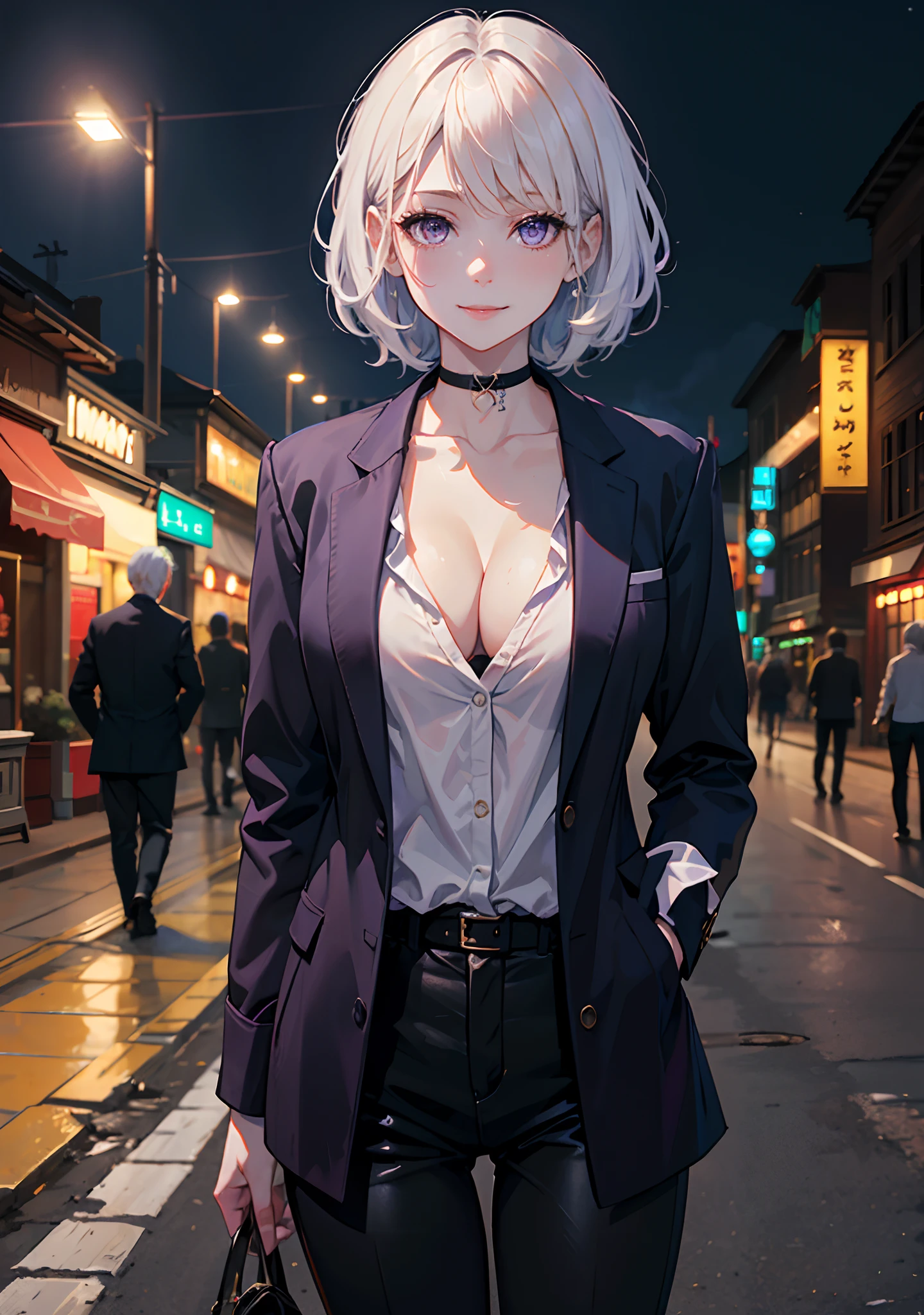 (masterpiece, best quality:1.2), cowboy shot, solo, 1girl, white hair, short wavy hair, purple eyes, average breasts, slender body, light smile, looking at viewer, hand in pockets, formal, suit, cleavage, black pants, choker, cityscape scenery, street, night light, night time, smoking cigarette