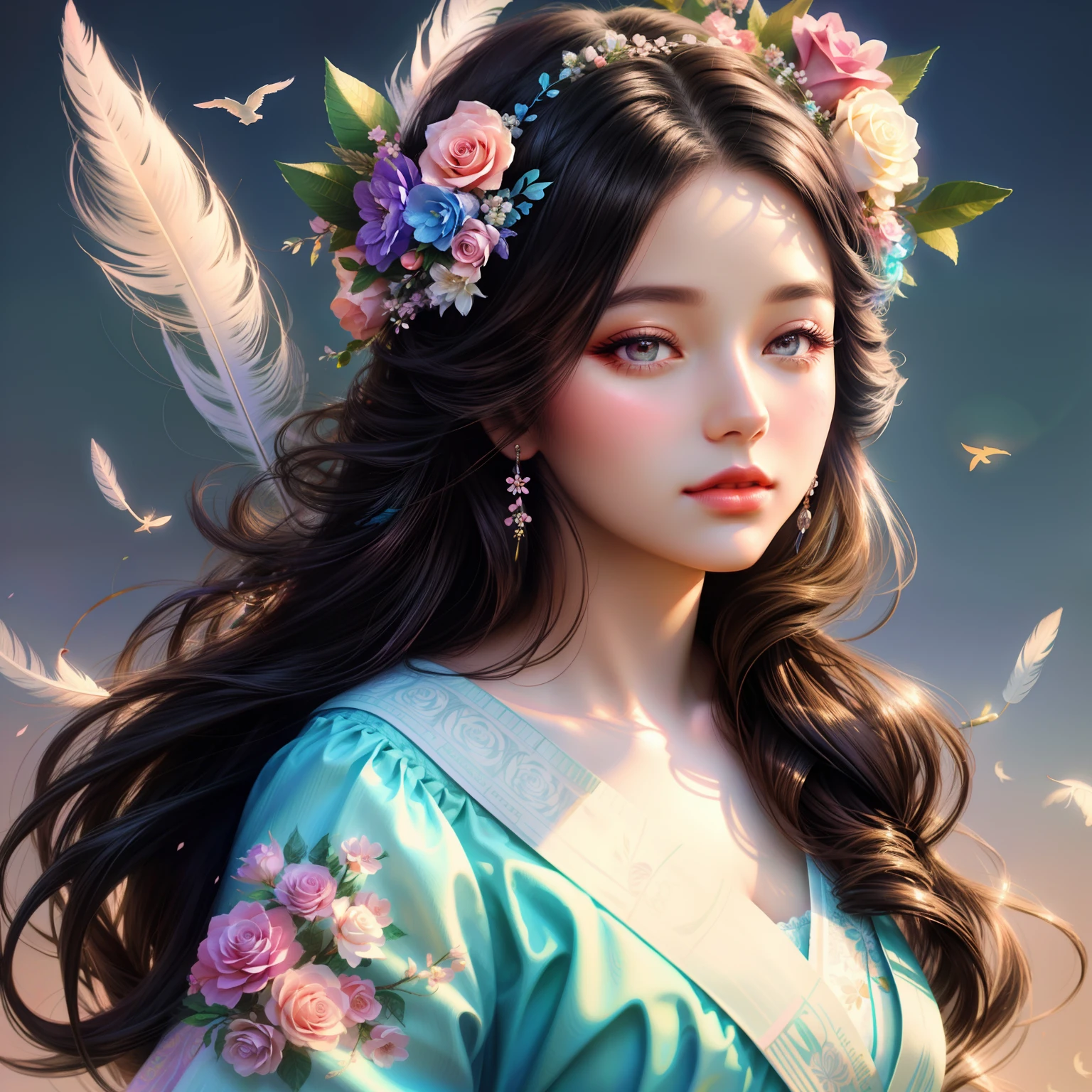 Flowers in the hair、Drawing of a woman with feathers in her hair, beautiful digital illustrations, beautiful digital works of art, Gorgeous Digital Painting, beautiful gorgeous digital art, beautiful digital painting, a beautiful artwork illustration, stunning digital illustration, beautiful art uhd 4 k, gorgeous digital art, Very beautiful digital art, inspired by WLOP, Beautiful digital art