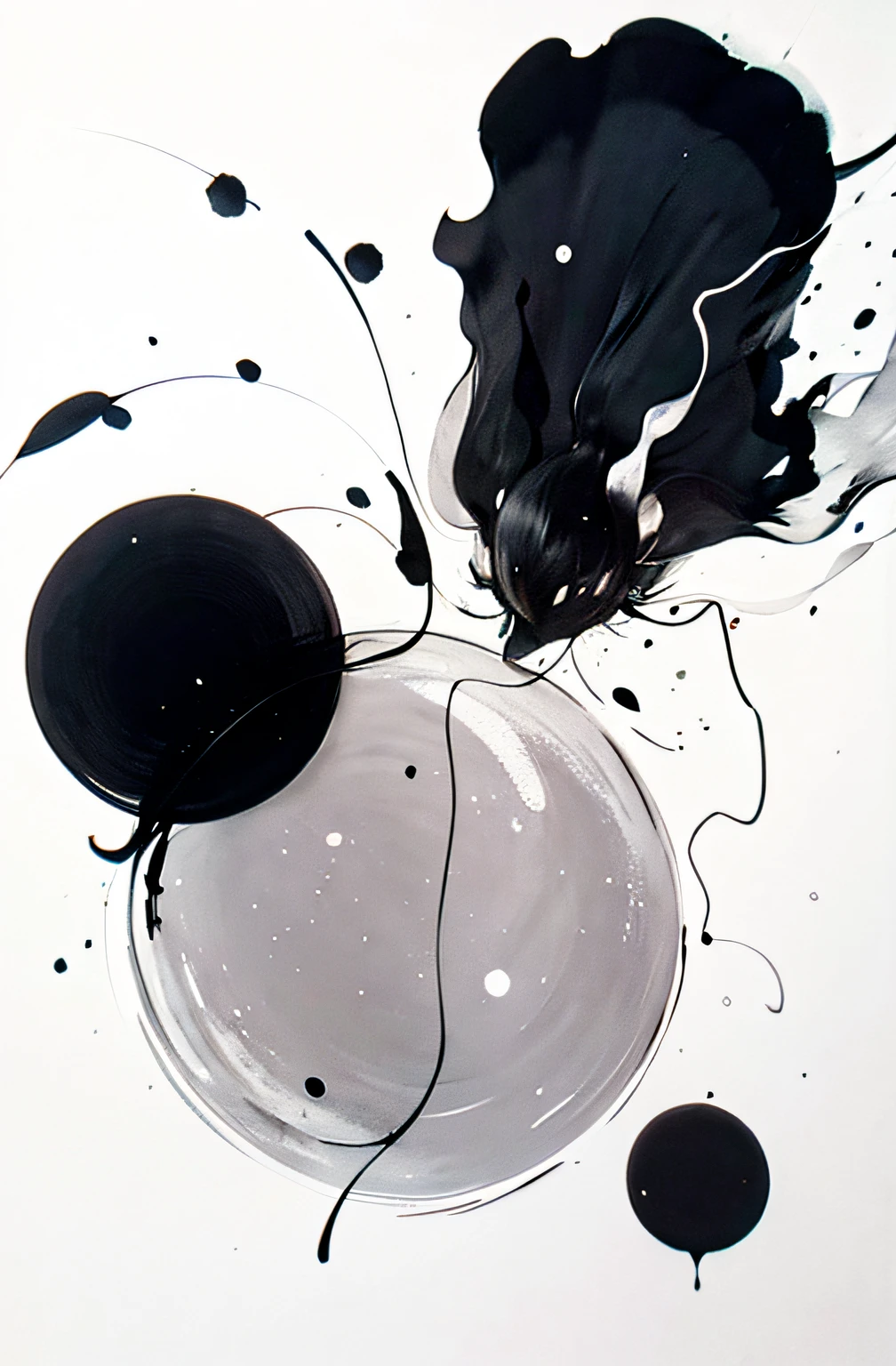 There is a black-and-white drawing of a hat and a black-and-white object, abstract forms and shapes, Abstract shapes, Abstract illustration, graphic shapes, abstract maximalist painting, Soft watercolor. Minimalist, ink dots, floating spheres and shapes, dots abstract, Watercolor illustration style, Abstract style, abstracted, author:Nōami, Abstract minimalist line art, Minimalist abstract art,No English