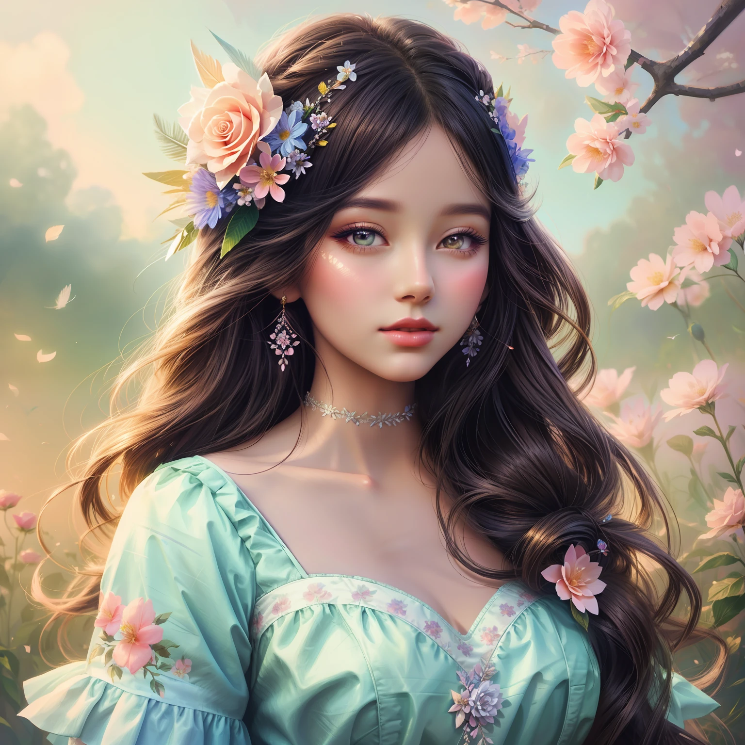 Flowers in the hair、Drawing of a woman with feathers in her hair, beautiful digital illustrations, beautiful digital works of art, Gorgeous Digital Painting, beautiful gorgeous digital art, beautiful digital painting, a beautiful artwork illustration, stunning digital illustration, beautiful art uhd 4 k, gorgeous digital art, Very beautiful digital art, inspired by WLOP, Beautiful digital art