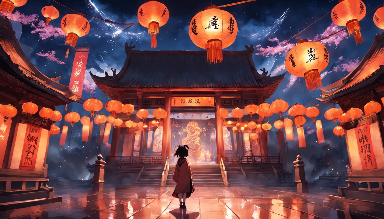 New Year,Chinese-style town,nigh sky,A Buddha statue in the center,Decorations,Chinese lanterns are hung