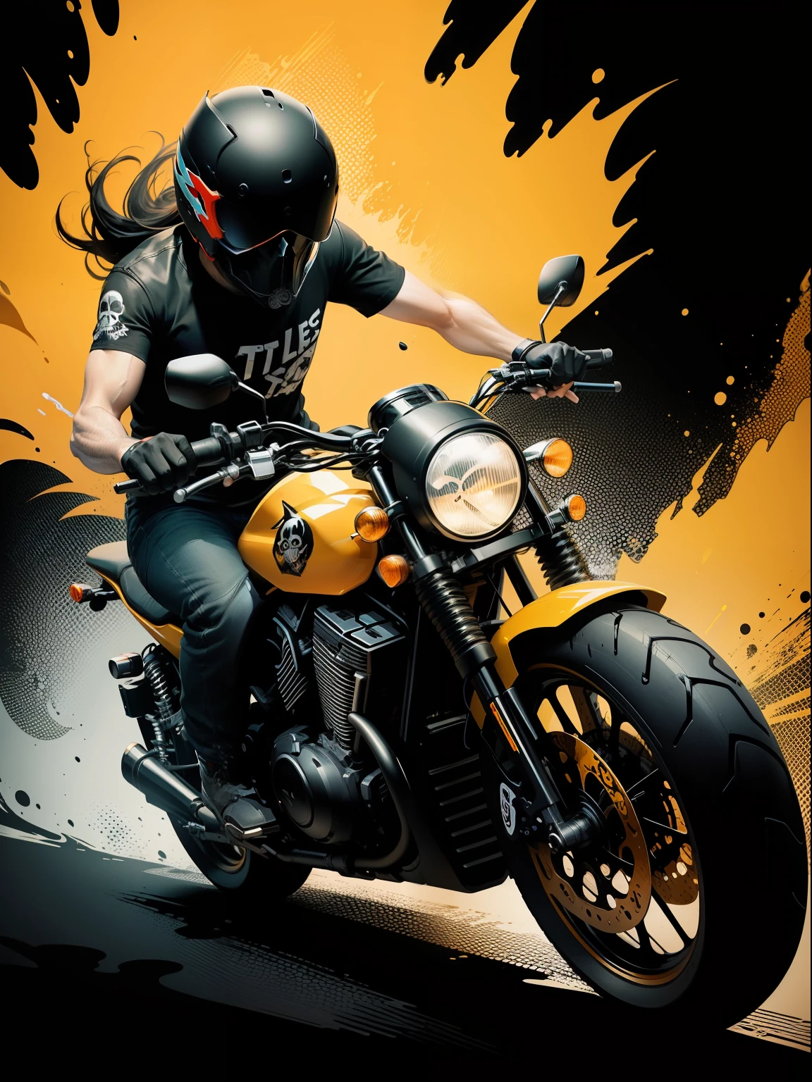 T-shirt design, black background, center art, 2d, vector, splash, skull riding motorcycle, vivid color splash
