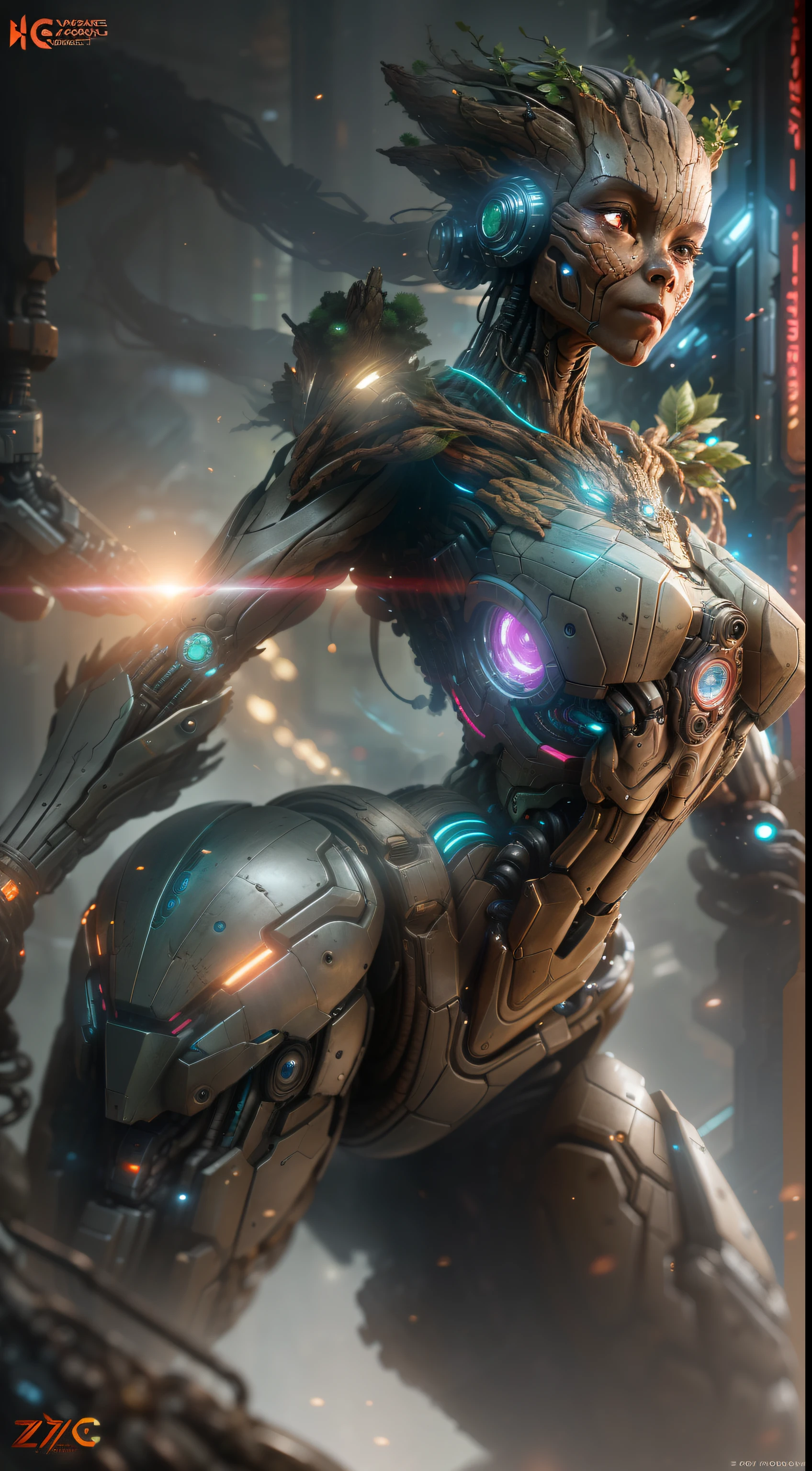 "Female Groot from Marvel photography, hyperrealistic robot with intricate biomechanical details and clean lines, showcasing the cyberpunk aesthetic. A masterpiece featured on Zbrush Central."