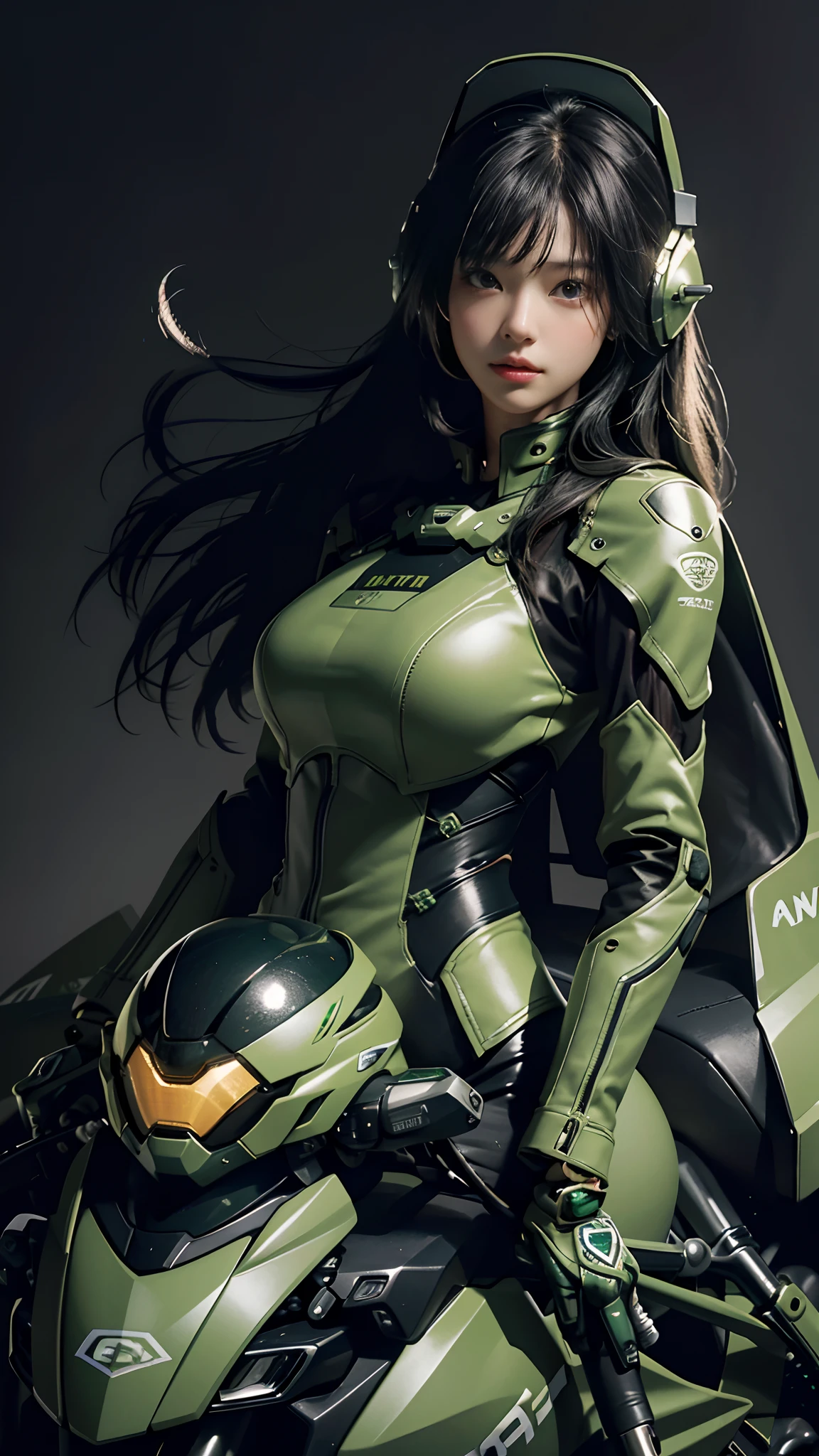 Highest image quality, outstanding details, ultra-high resolution, (realism: 1.4), the best illustration, favor details, highly condensed 1girl, with a delicate and beautiful face, dressed in a black and green mecha, wearing a mecha helmet, holding a directional controller, riding on a motorcycle, the background is a high-tech lighting scene of the future city.
