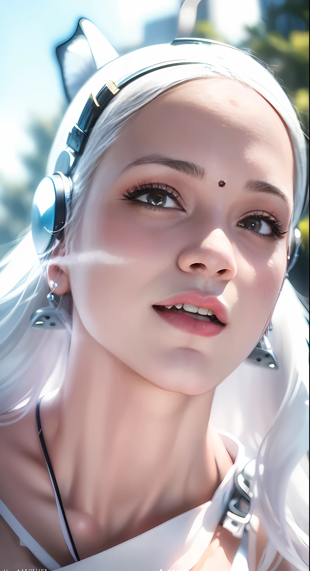 (RAW photo, best quality, masterpiece:1.2), (realistic, photo-realistic:1.4),(masterpiece:1.4),(best quality:1.4),1girl, solo, :d, animal ear headphones, animal ears, arms up, bangs, blush, bodysuit, breasts, bunny pose, clothes writing, covered navel, cowboy shot, cropped jacket, fake animal ears, gloves, outdoor,morning,snow, hair intakes, headphones, impossible bodysuit, impossible clothes, jacket, large breasts, latex, latex bodysuit, long hair, long sleeves, looking at viewer, large breasts, multicolored gloves, open mouth, pink bodysuit, pink eyes, red eyes, red jacket, shiny clothes, shrug \(clothing\), sidelocks, skin tight, smile, thigh gap, thighs, twintails, very long hair, white gloves, white hair,alice \(nikke\),(shiny skin),realistic,