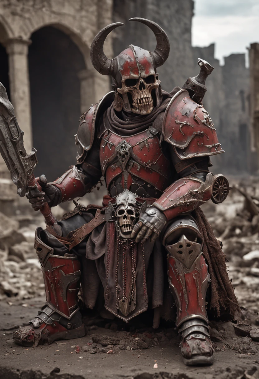 metal maden male chaos warrior of khorne in armor is holding a great sword in a ruined post-apocalyptic city, skulls mask, sci-fi, fantasy, horror, skulls on the ground, blood, Tornado, Roman, Empty chairs,Tangled roots,Key, Warped,Mangled,Ethereal, (Isolation:1.1), (Glaze:1.1), (Reflected light:1.2), Glass, Polygon, ultra detailed, intricate, oil on canvas, dry brush, (surrealism:1.1), (disturbing:1.1)