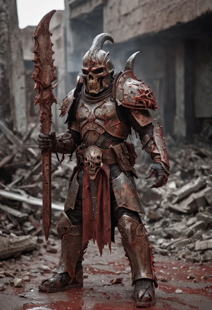 metal maden male chaos warrior of khorne in armor is holding a great sword in a ruined post-apocalyptic city, skulls mask, sci-fi, fantasy, horror, skulls on the ground, blood, Tornado, Roman, Empty chairs,Tangled roots,Key, Warped,Mangled,Ethereal, (Isolation:1.1), (Glaze:1.1), (Reflected light:1.2), Glass, Polygon, ultra detailed, intricate, oil on canvas, dry brush, (surrealism:1.1), (disturbing:1.1)
