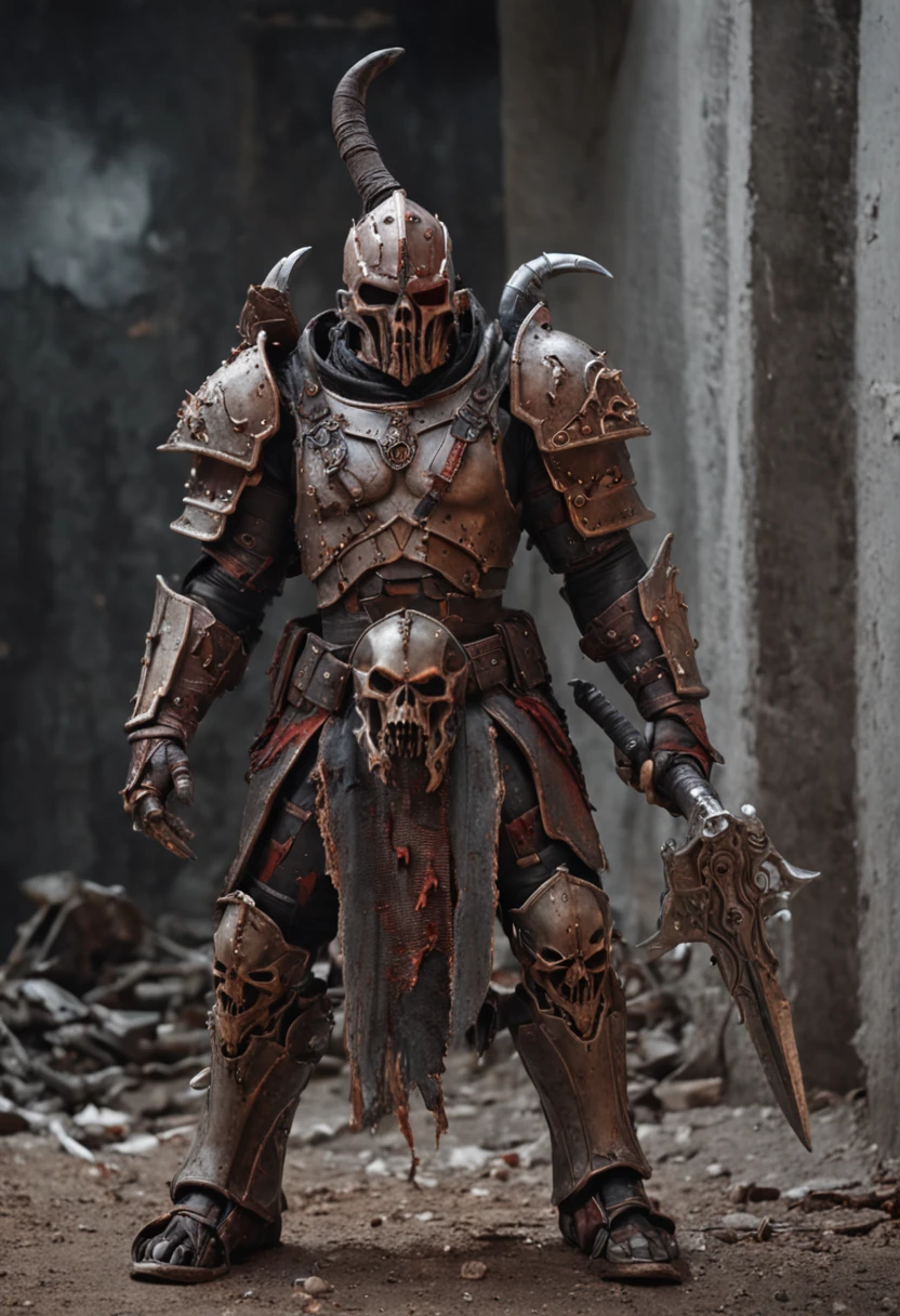 metal maden male chaos warrior of khorne in armor is holding a great sword in a ruined post-apocalyptic city, skulls mask, sci-fi, fantasy, horror, skulls on the ground, blood, Tornado, Roman, Empty chairs,Tangled roots,Key, Warped,Mangled,Ethereal, (Isolation:1.1), (Glaze:1.1), (Reflected light:1.2), Glass, Polygon, ultra detailed, intricate, oil on canvas, dry brush, (surrealism:1.1), (disturbing:1.1)