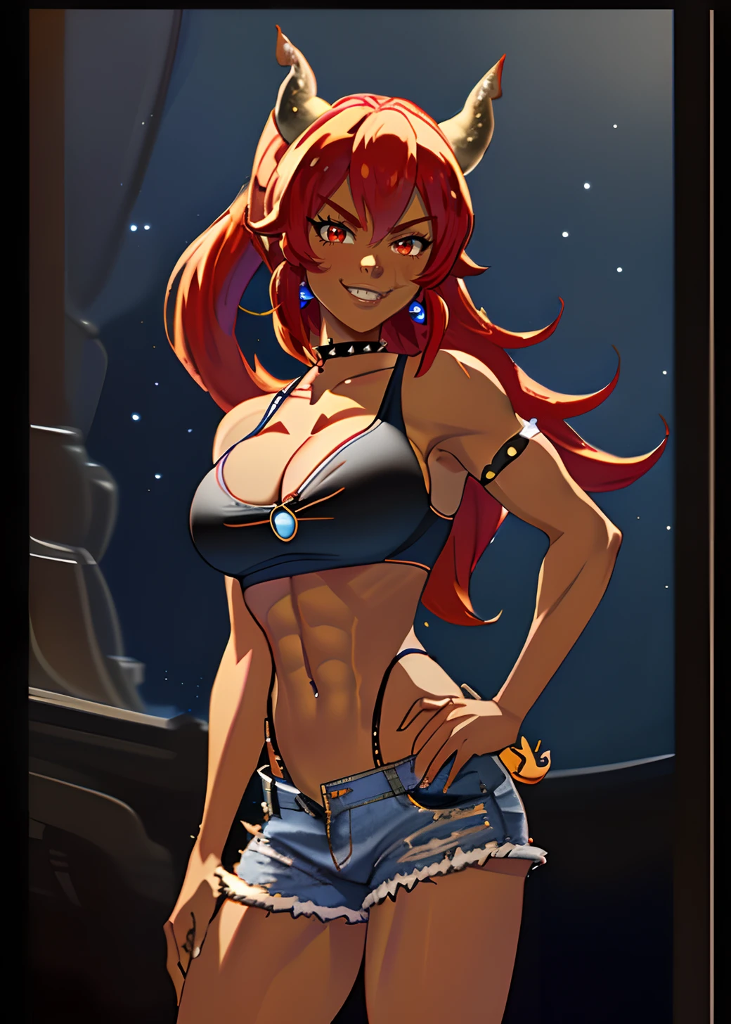 [redbowsette], [Princess_Peach], ((masterpiece:1.3)), ((cowboy shot)), ((solo portrait)), ((anime)), ((beautiful 2D art)), ((HD)), ((detailed shading)), {bowsette; (dark skin, cute red eyes, long red hair, long ponytail, (large boobs), (underboob), (cleavage), (smug smile), (long eye lashes), (sharp white teeth), (beautiful muscular legs), (defined arm muscles)}, {(tank top), (jean shorts), (thong straps), (spike bracers), (spike choker), (spike red earrings), (barefoot)}, {(standing), (looking at viewer), (hand on hip)}, [Background; (bedroom), (window), (nighttime) (starry sky)], ((well drawn feet))
