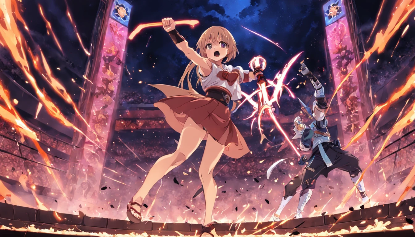 cena de luta anime contra menina de espadas.