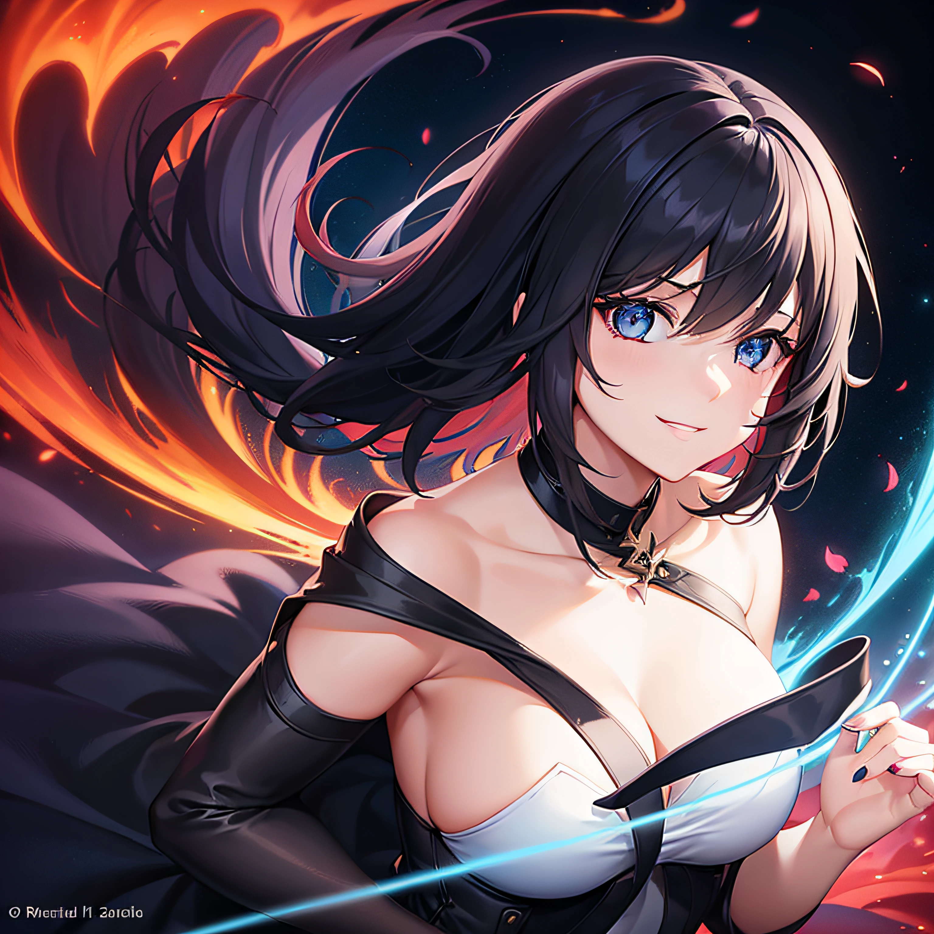 {1girl in,Shorthair, A dark-haired, blue eyess, rcasual}, {Smiling, A smile, Red face,｝{Fantasia,The sword,Dark, dark}, concept-art, beautiful anime scene, Beautiful anime scenery, top-quality, ​masterpiece