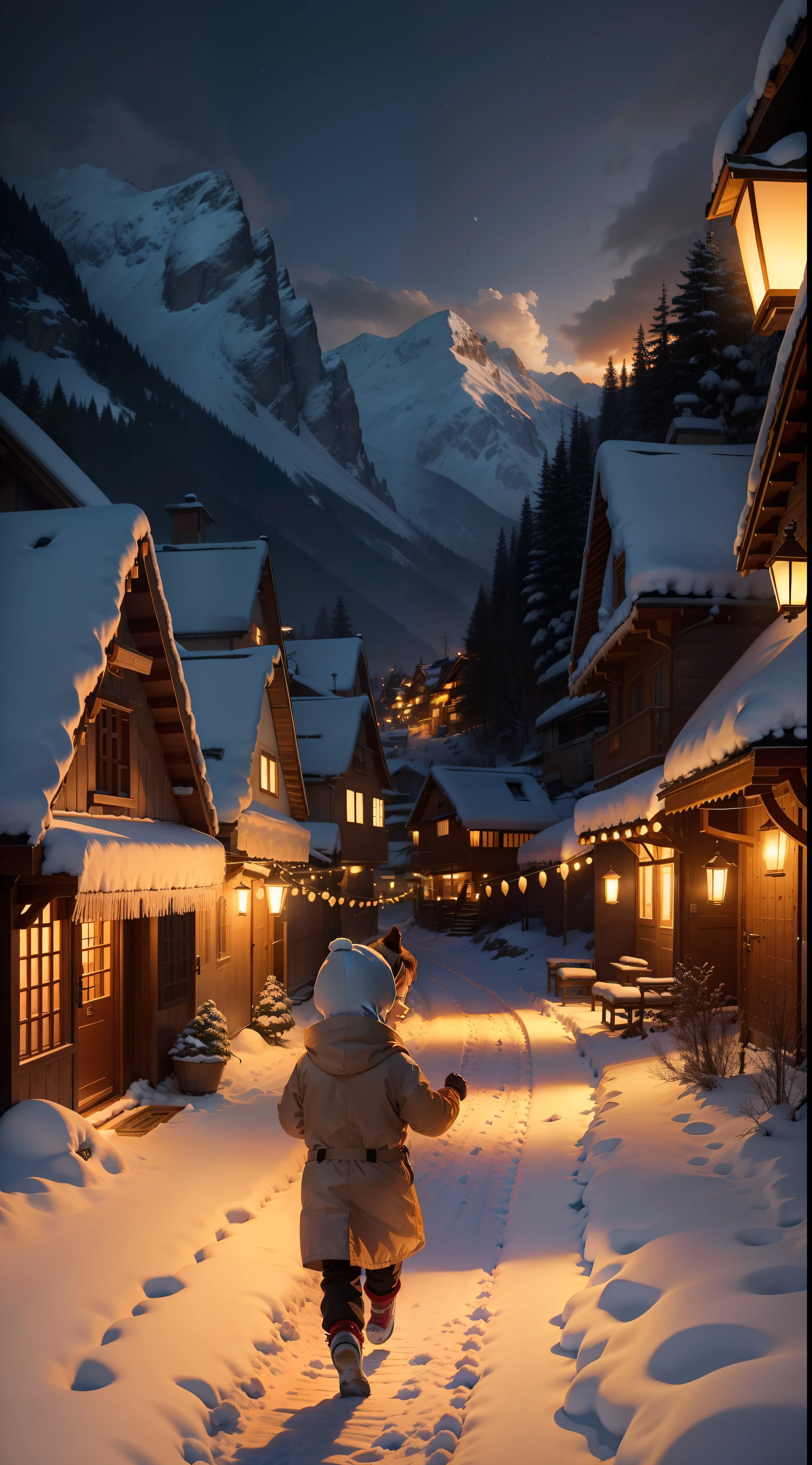At night, the sky was covered with light snow, Small village surrounded by mountains, Every house is lit up, Lanterns hang outside, There is a path in the middle of the village, There are also two children running on the road with lanterns, A happy smile on his face, l Anime