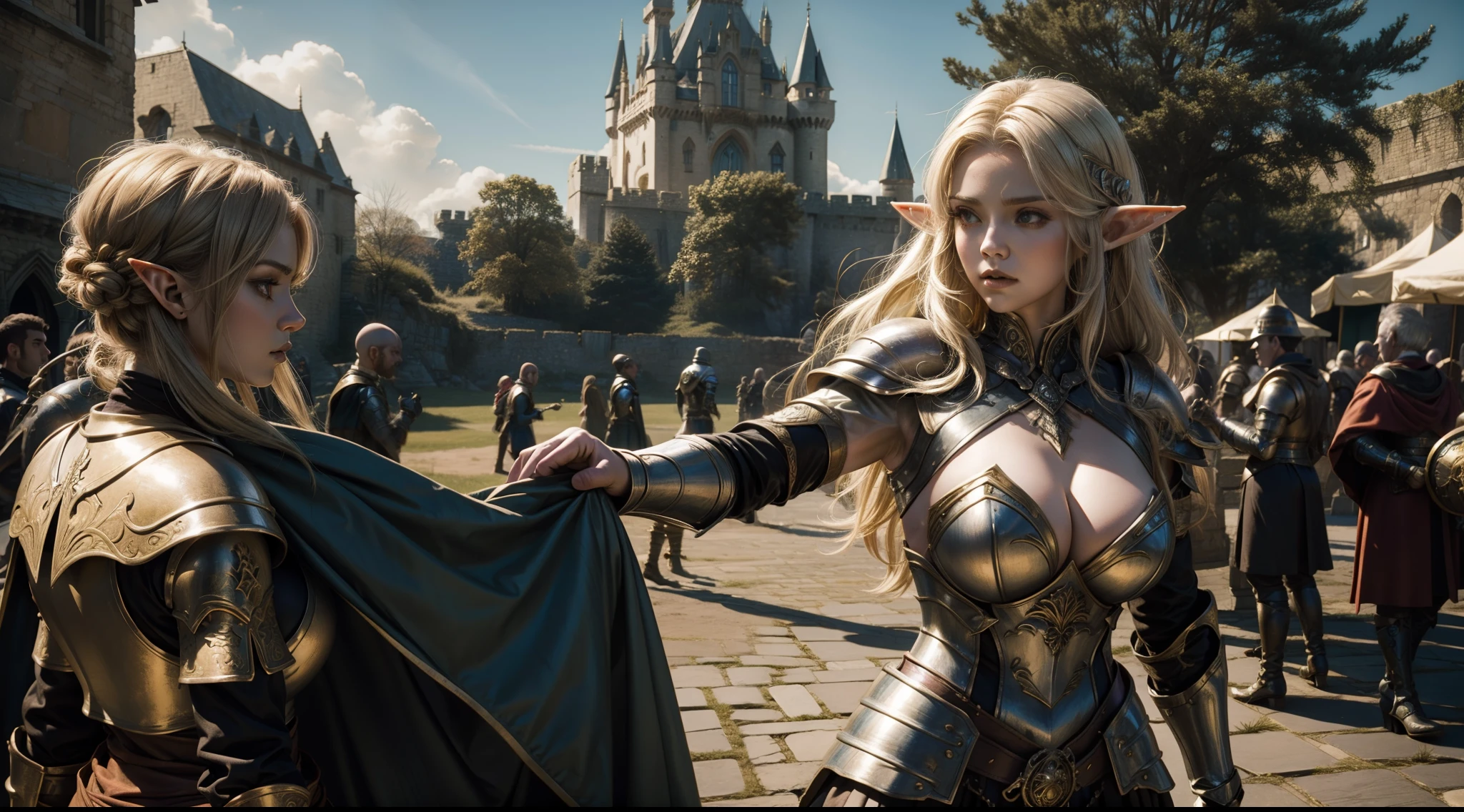 Female elf,Large breasts,upperbody shots,dramatics,Armour,The background is the castle,