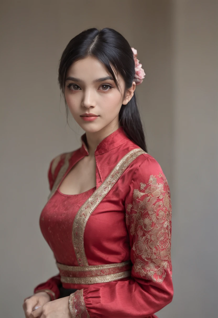 (((1 indian girl))), (wearing Pink top), (((wearing red skirt))), black hair, bangs and 1 long ponytail, the ponytail has a (((red ribbon))) at the end, round face, portrait, oil painting, modern, realistic proportions, beautiful face, symmetrical face, symmetrical eyes, dynamic pose, intricate, intricate details, sharp focus