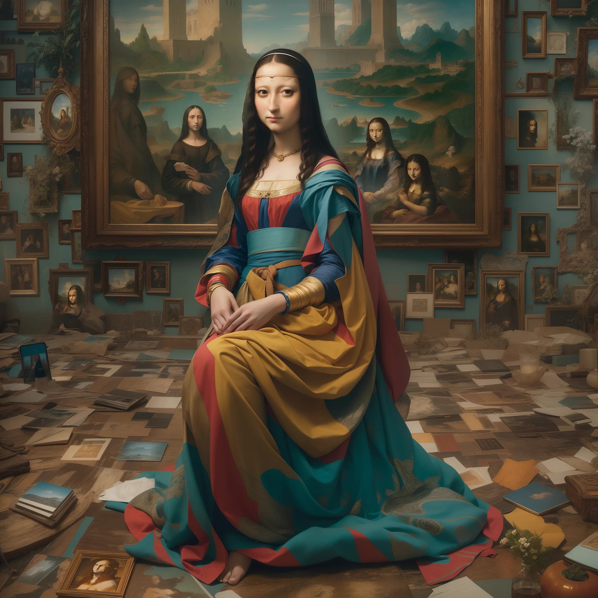 "Mona Lisa, modern art, hyper-realistic, human, photograph, incredibly high-quality photo, astonishing artwork, philosophical message, embedding contemporary darkness and issues, smartphone-addicted Mona Lisa, beauty, evokes viewer's imagination, grand background, live-action version of Mona Lisa, world's most beautiful woman, barefoot, colorful dress, groundbreaking dress, futuristic dress."