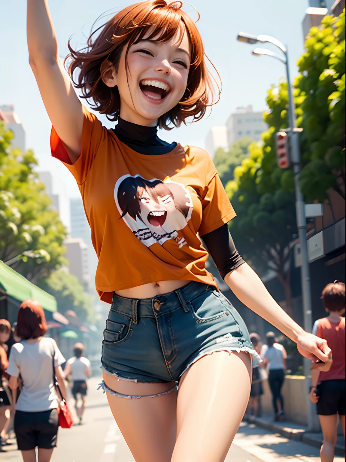 1girl in(((Laughing)))、Reaching the climax:1.３, short-cut、masutepiece、Bottoms are randomly generated、（ Tangerine illustration printed shirt ）、brown dense hair、GI Cut、Background bokeh:1.5