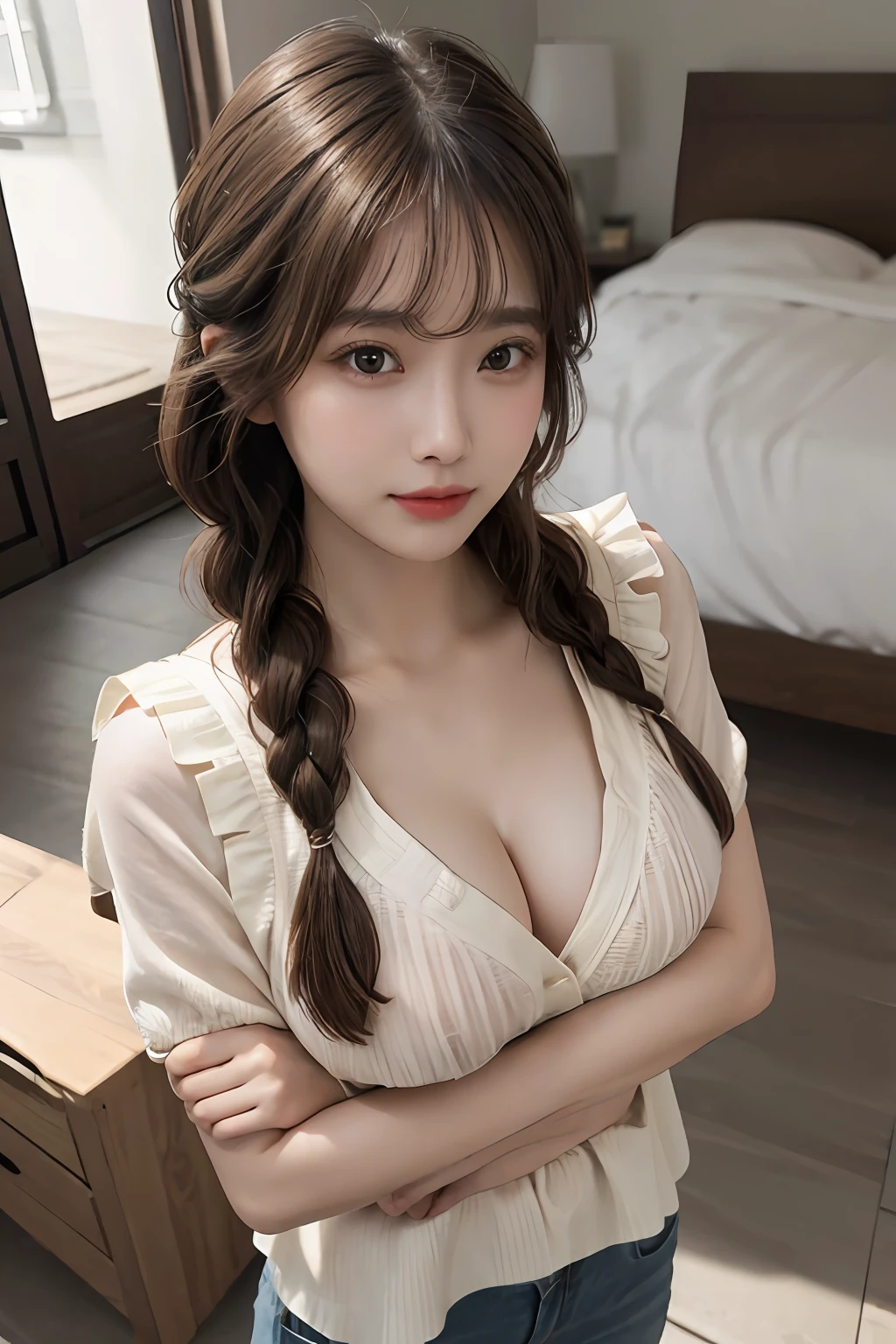 (From  above:1.4)、((1girl in)),Light Brown Fringe Hair、Braided hair、disheveled hair、Light brown eyes、(dignified expression)、((Casual summer clothes))、(爆乳:1.4)、Emphasize the valley、fittingroom、(Photorealsitic)、(intricate detailes:1.2)、(​masterpiece、:1.3)、(top-quality:1.4)、(超A high resolution:1.2)、超A high resolution、(A detailed eye)、(detailed facial features)、(breast hold:1.4)