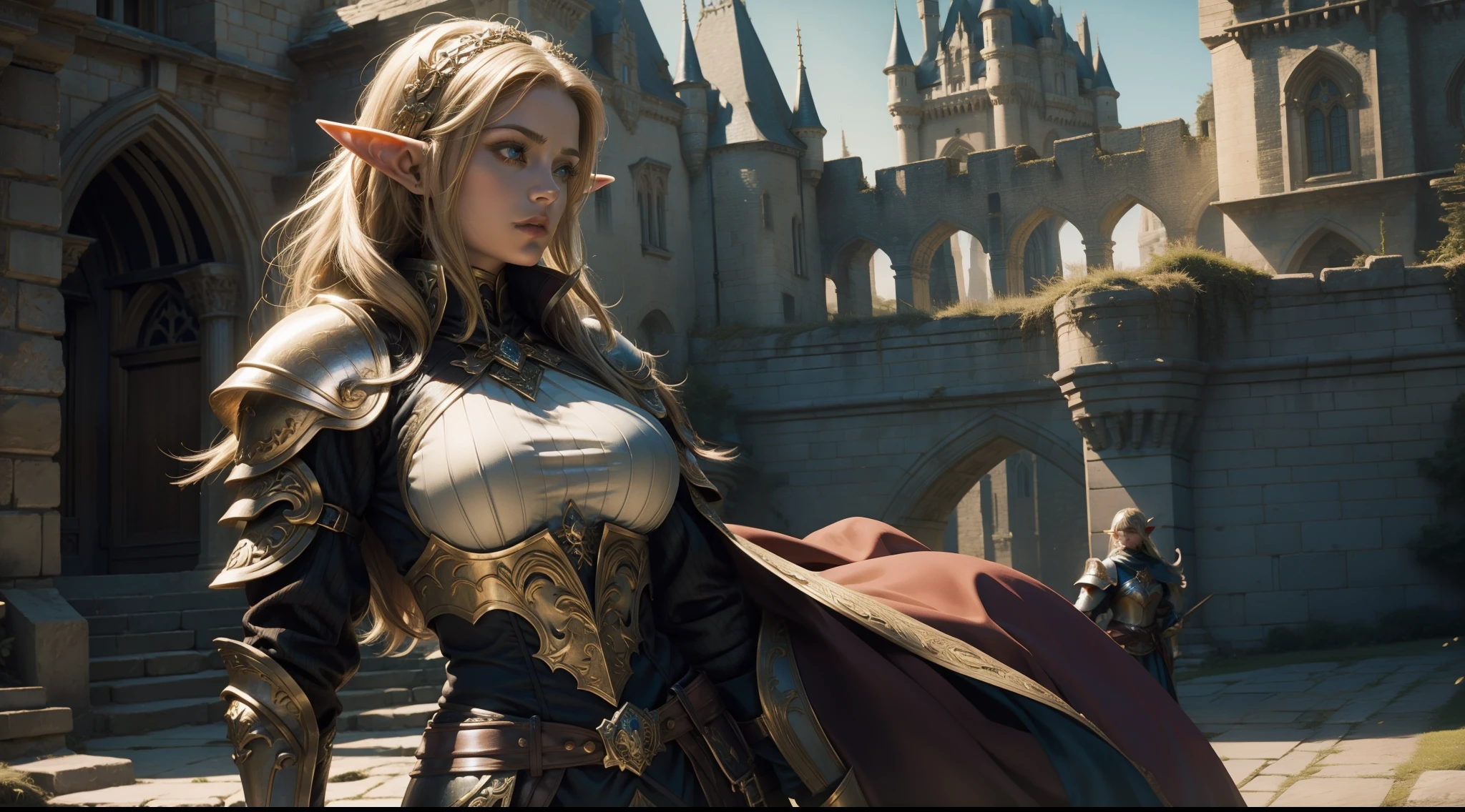 Female elf，Large breasts，upperbody shots，dramatics，Armour，The background is the castle，