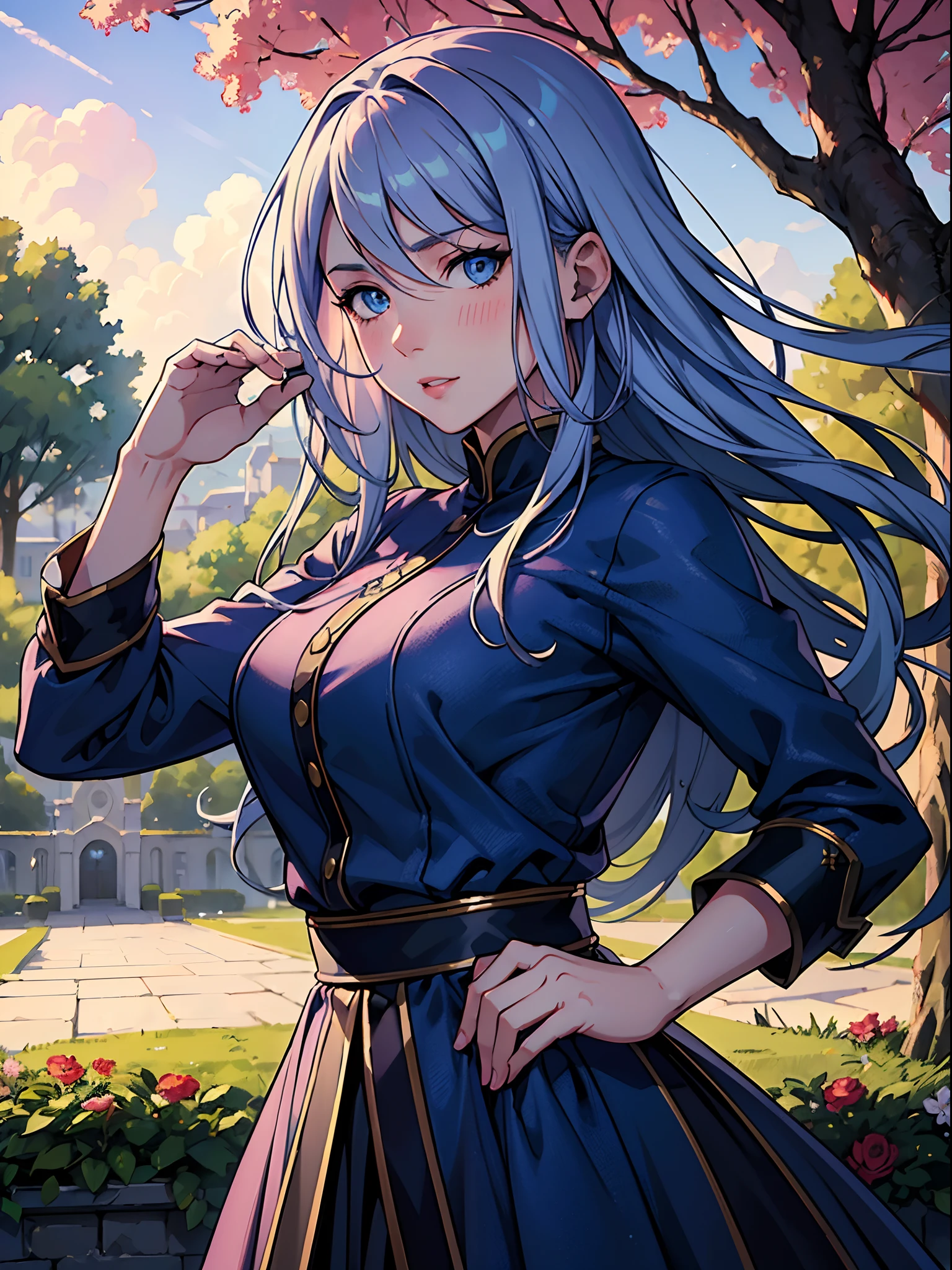 (masterpiece, best quality), depth of field, HDR, intricate, absurdres, gorgeous, (detailed face), casual outfit, dynamic pose, nice atmosphere, enthusiastic facial expression, sky, 1girl, outdoors, tree, blush, azure hair, blue eyes, day, looking at a viewer, dynamic lighting, post processing, sharp focus
