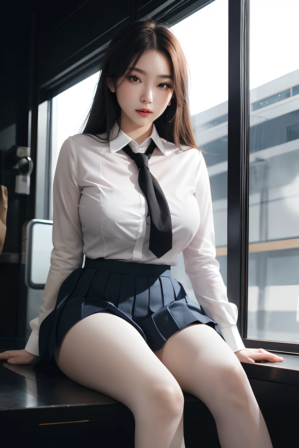 Ultra-realistic 8k CG,s the perfect face,flawless perfection,ren,tmasterpiece,professionalartwork,famousartwork,s the perfect face,beauitful face,beautidful eyes,((Perfect female body)),独奏,(immersiveatmosphere,lightand shade contrast:1.5,Bright light:1.2,lumnious),,(Blushlush:0.5),Enchanting expression,Ultimate detail_The eye,thick thight,huge tit,Exquisite background,depth of fields,photorealestic:1.3,Faraway view,1girl,The shirt,pleatedskirt,School Uniform,Sit Pose,full bodyesbian,(ambient lights:1.3),(cinematic compositions:1.3),(neonlight:0.1),(HDR:0.1),emphasis lighting,black pantyhoses,long whitr hair,