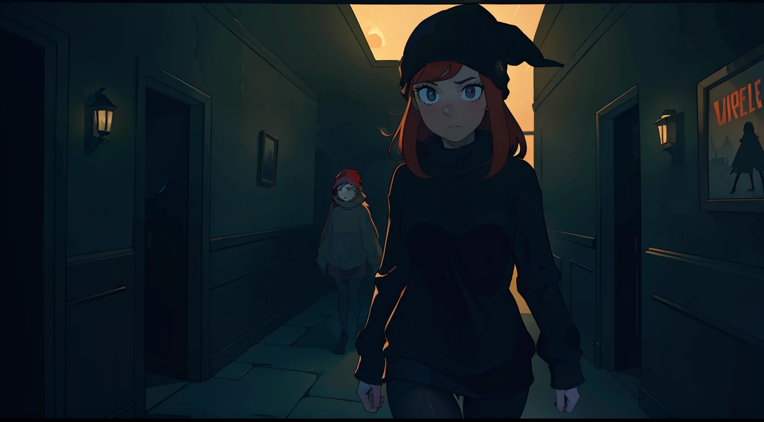 masterpiece, 4k, detailed, movie poster, dramatic framing, scary, dark lighting of a beautiful, slim redhead woman wearing a beanie, sweater, and tights scared in a creepy hallway, with eyes in the dark, scary atmosphere, creative framing